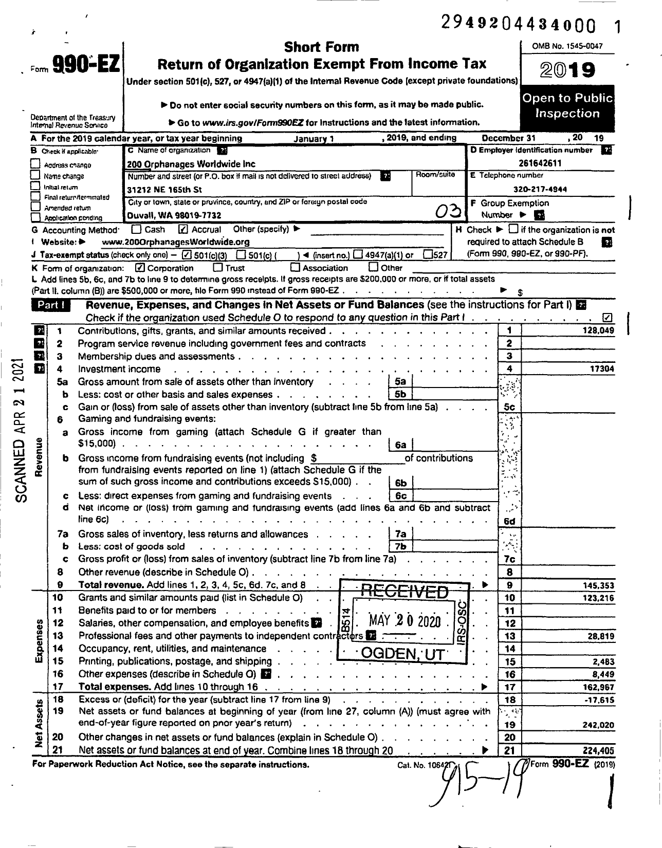 Image of first page of 2019 Form 990EZ for 200 Orphanages Worldwide