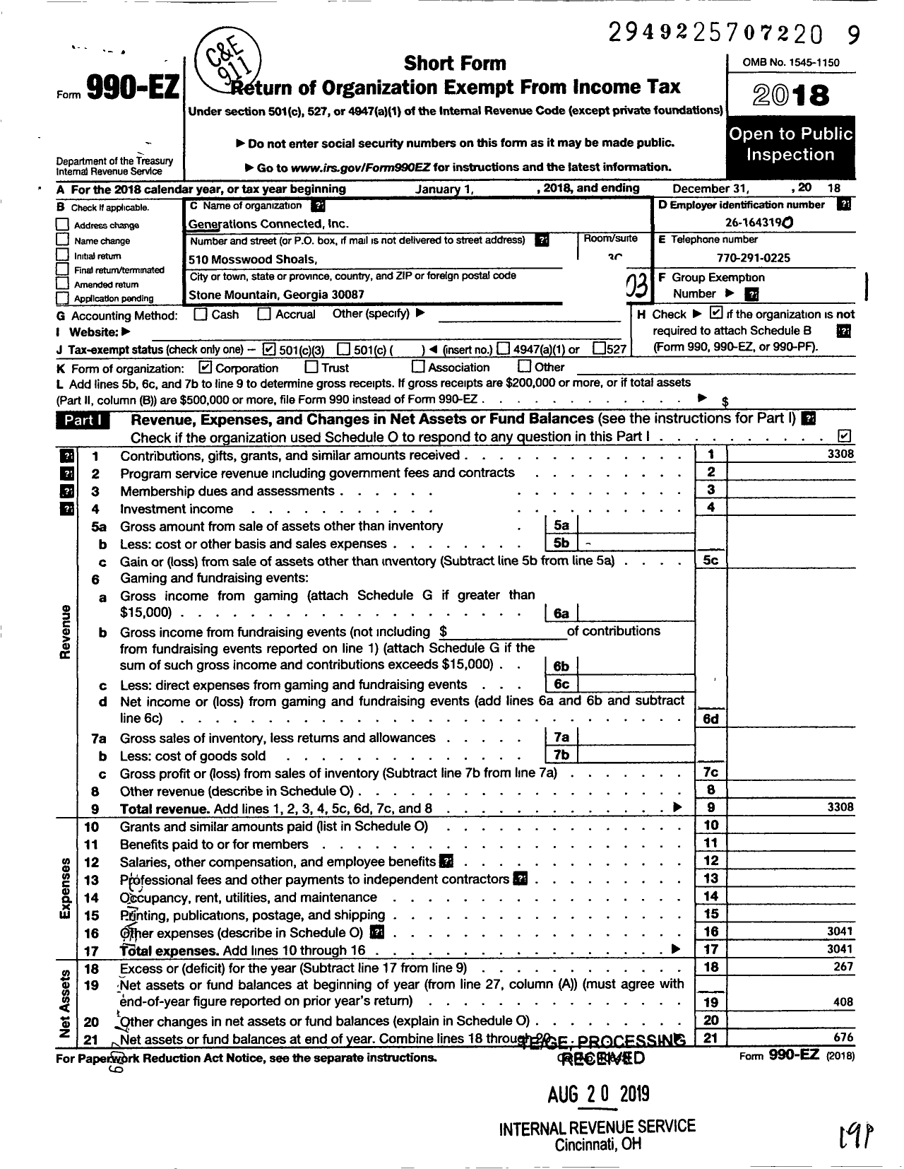 Image of first page of 2018 Form 990EZ for Generations Connected