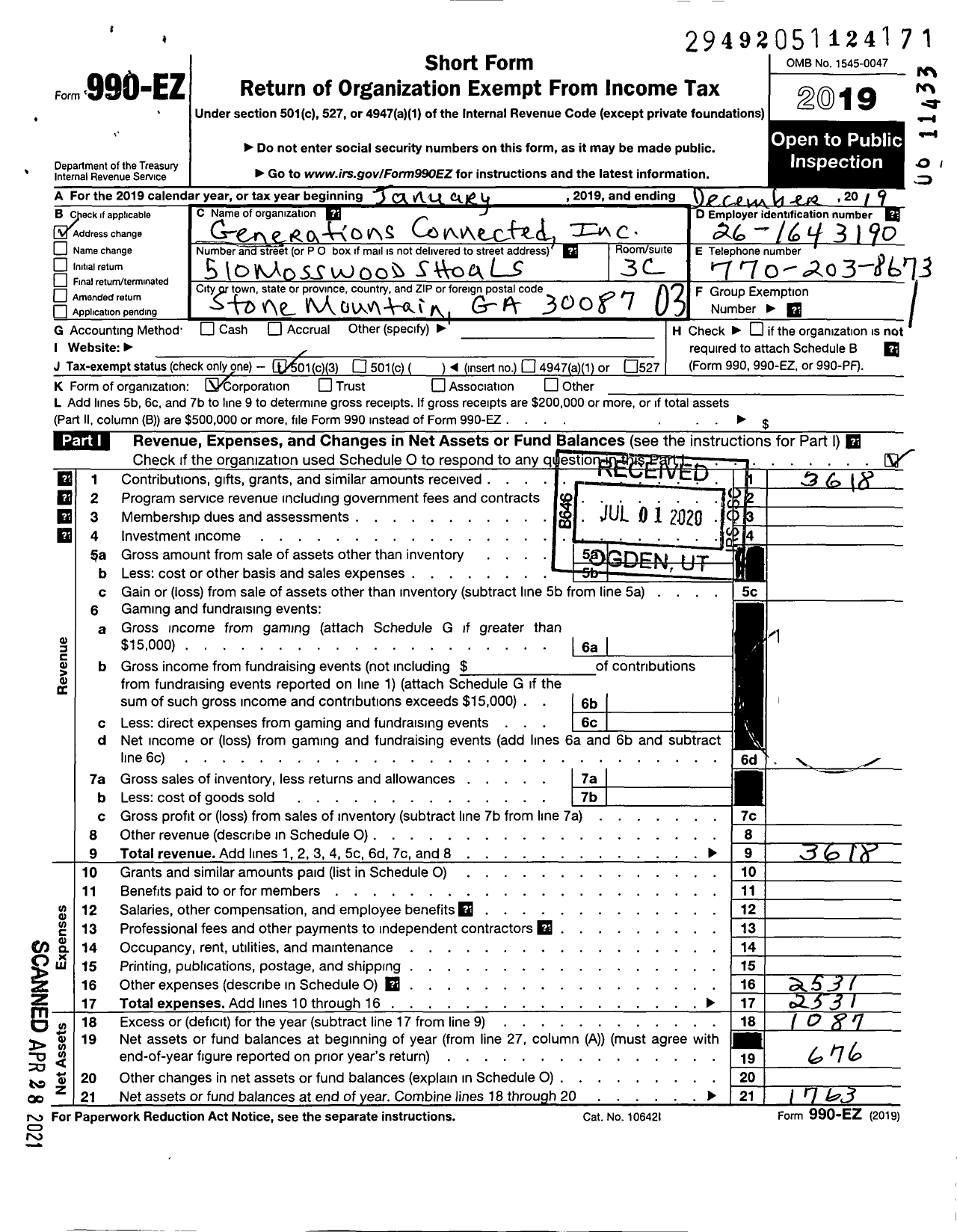 Image of first page of 2019 Form 990EZ for Generations Connected