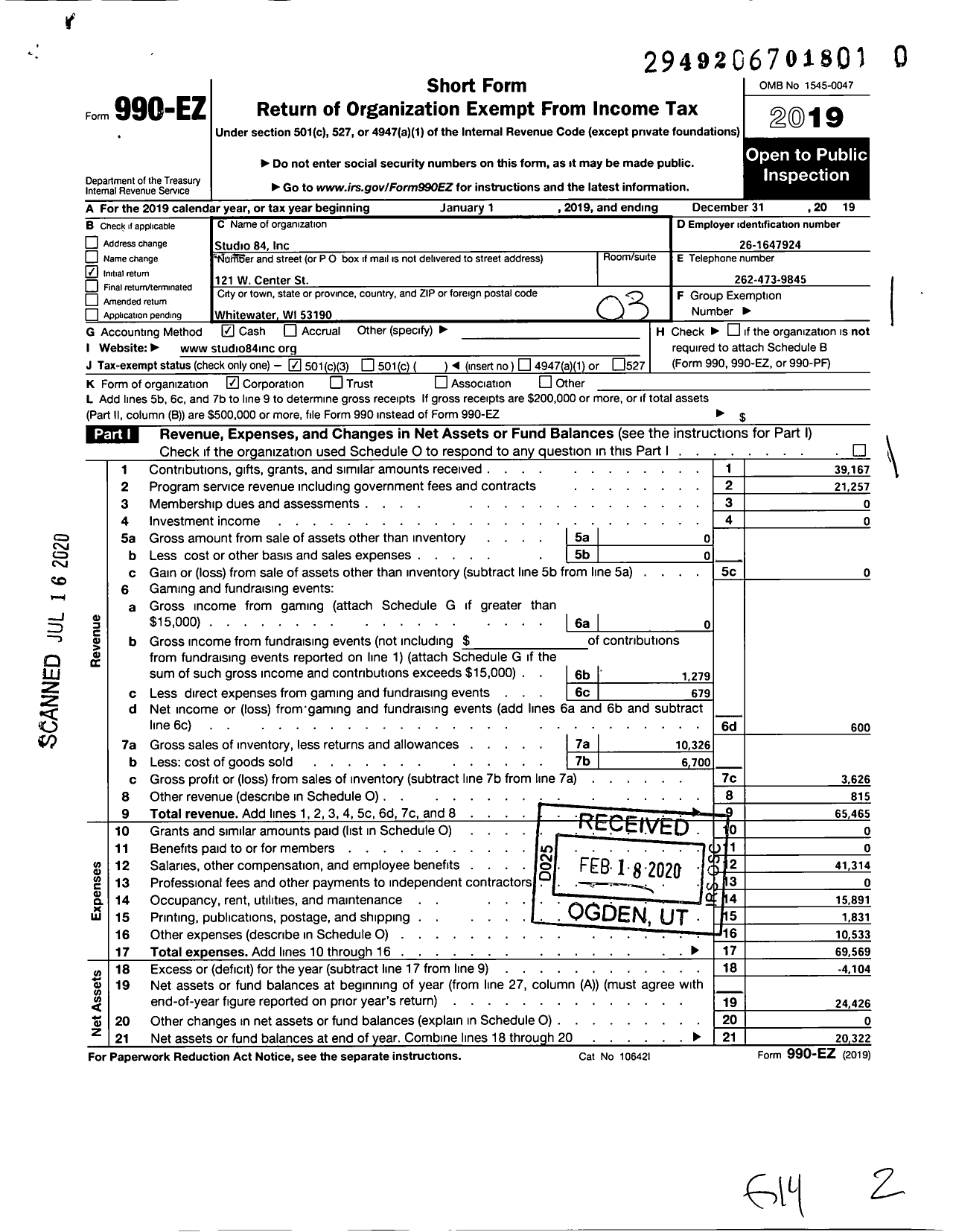 Image of first page of 2019 Form 990EZ for Studio 84