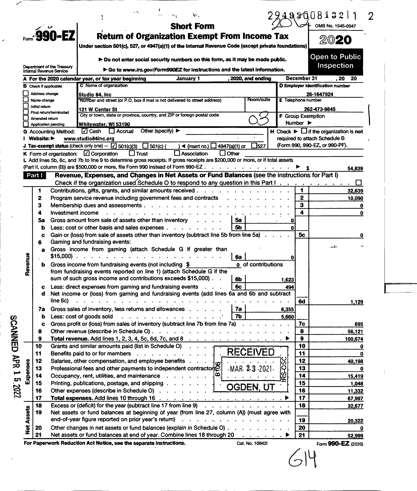 Image of first page of 2020 Form 990EZ for Studio 84