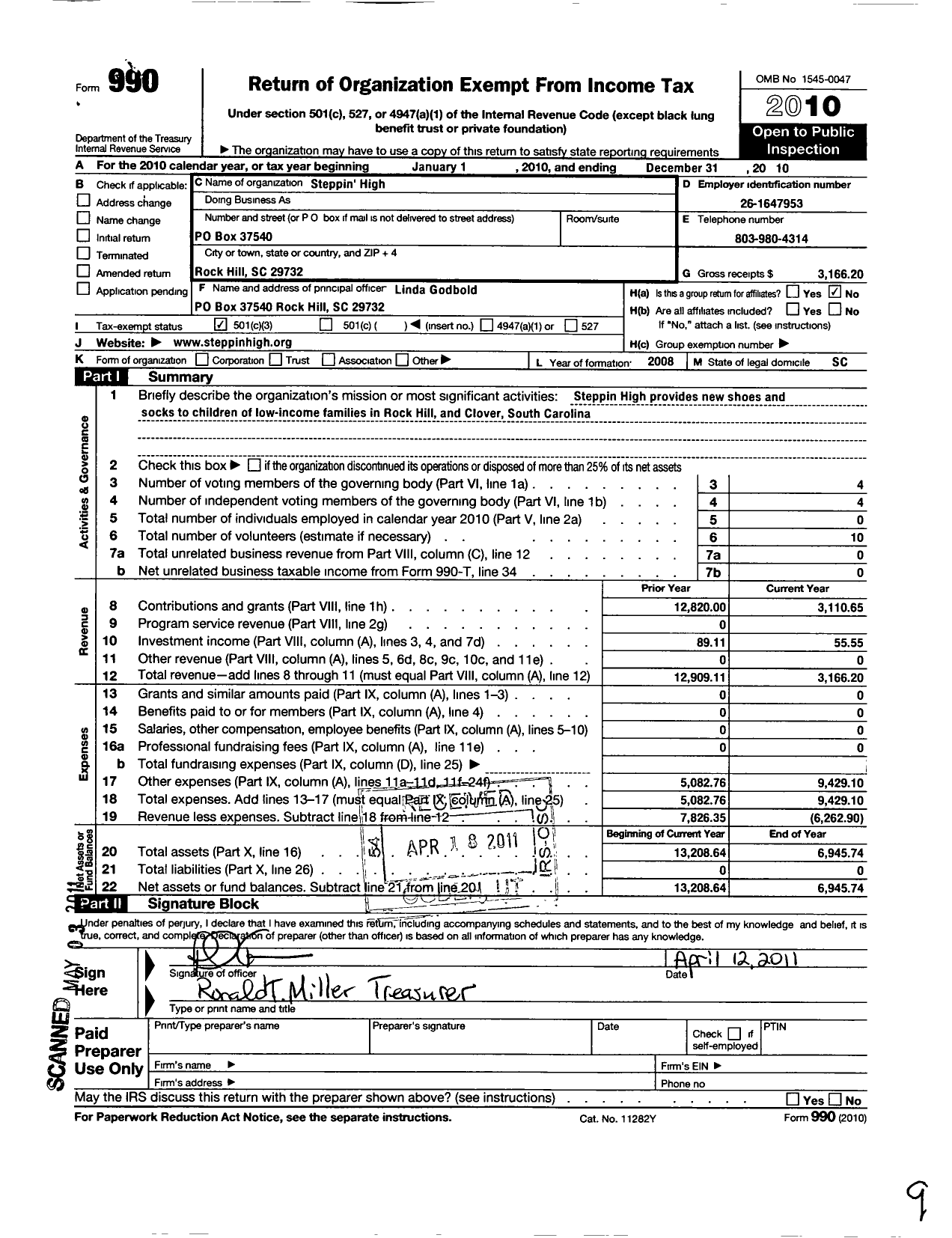 Image of first page of 2010 Form 990 for Steppin High