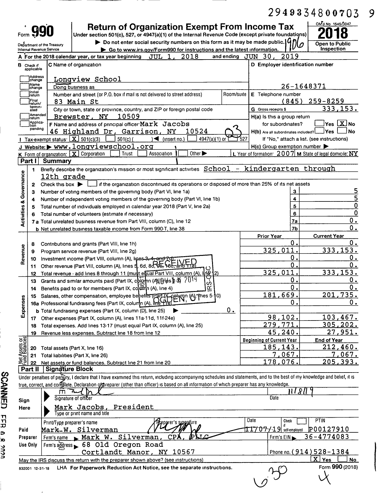 Image of first page of 2018 Form 990 for Longview School