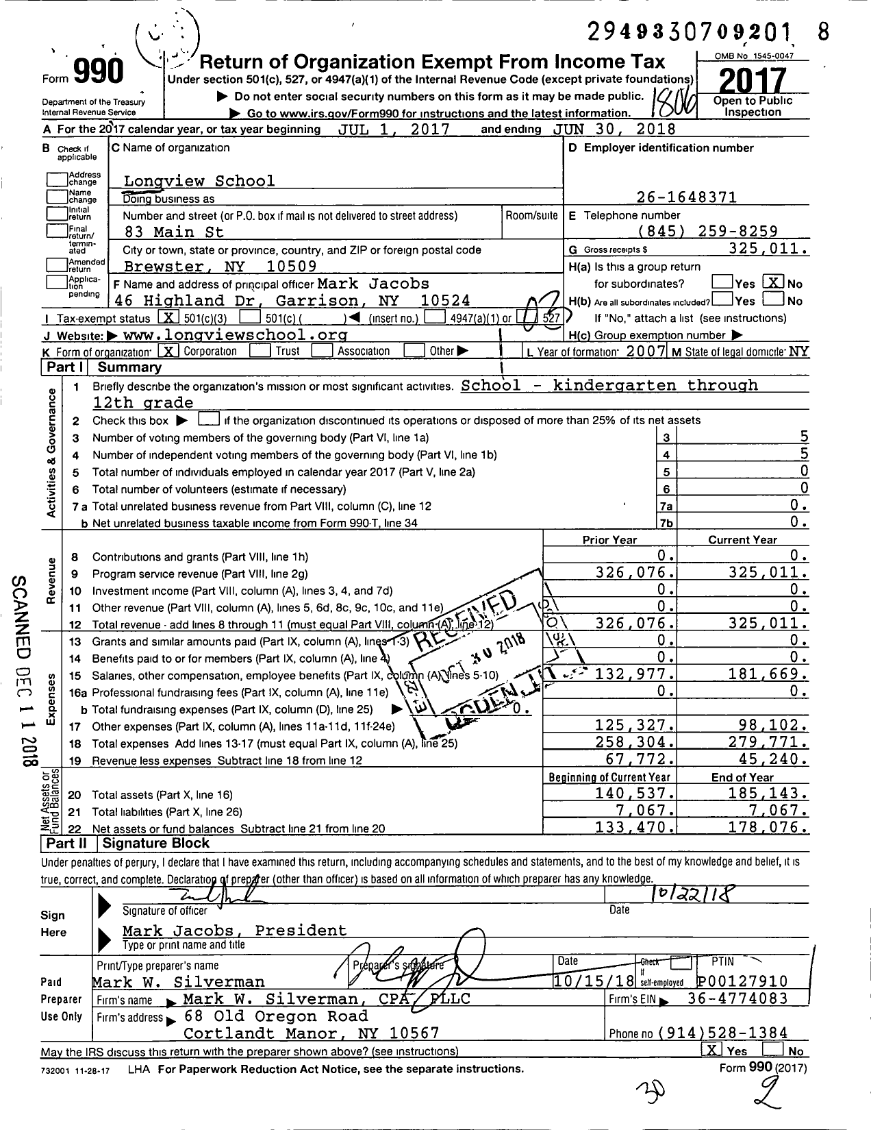 Image of first page of 2017 Form 990 for Longview School