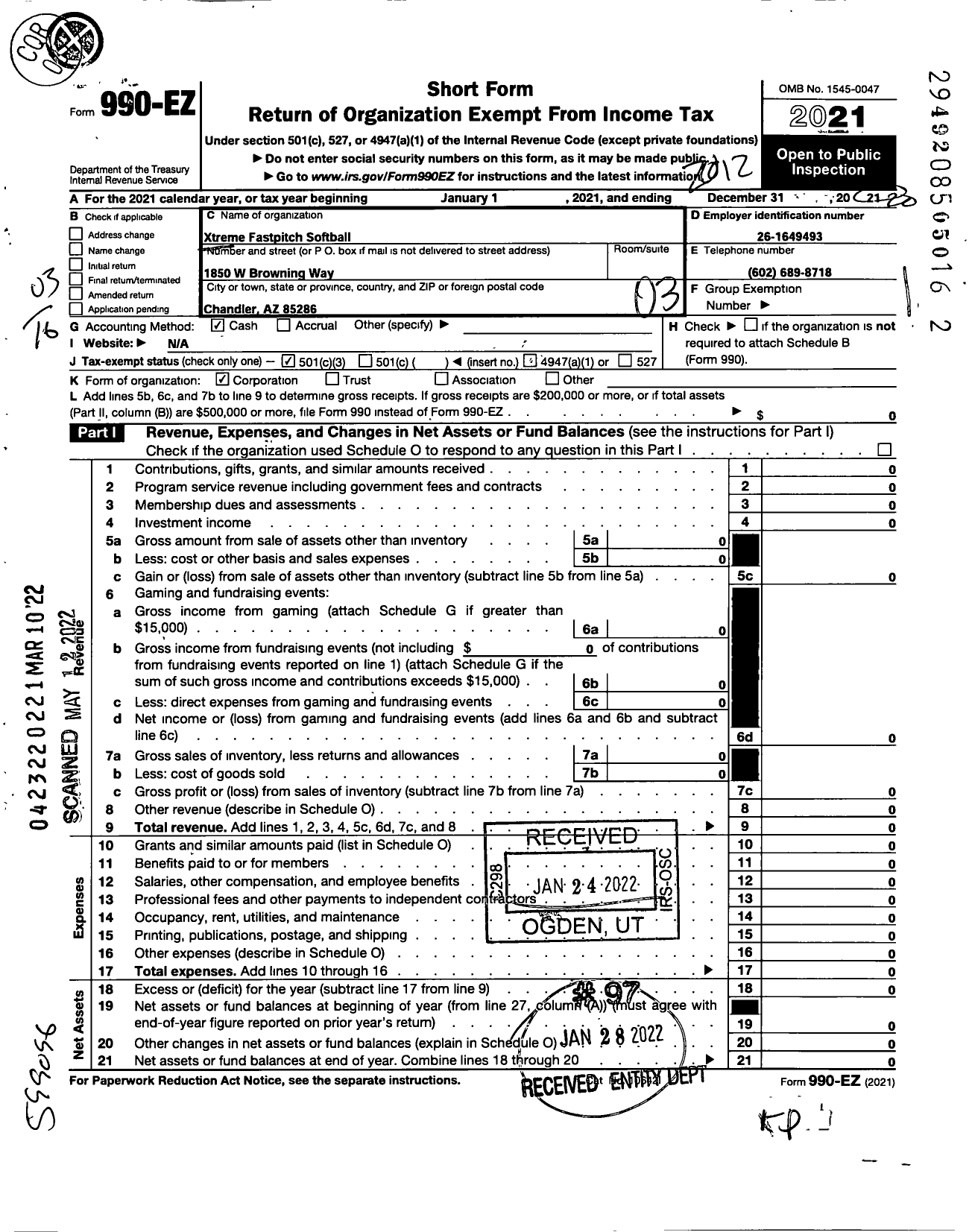 Image of first page of 2020 Form 990EZ for Xtreme Fastpitch Softball