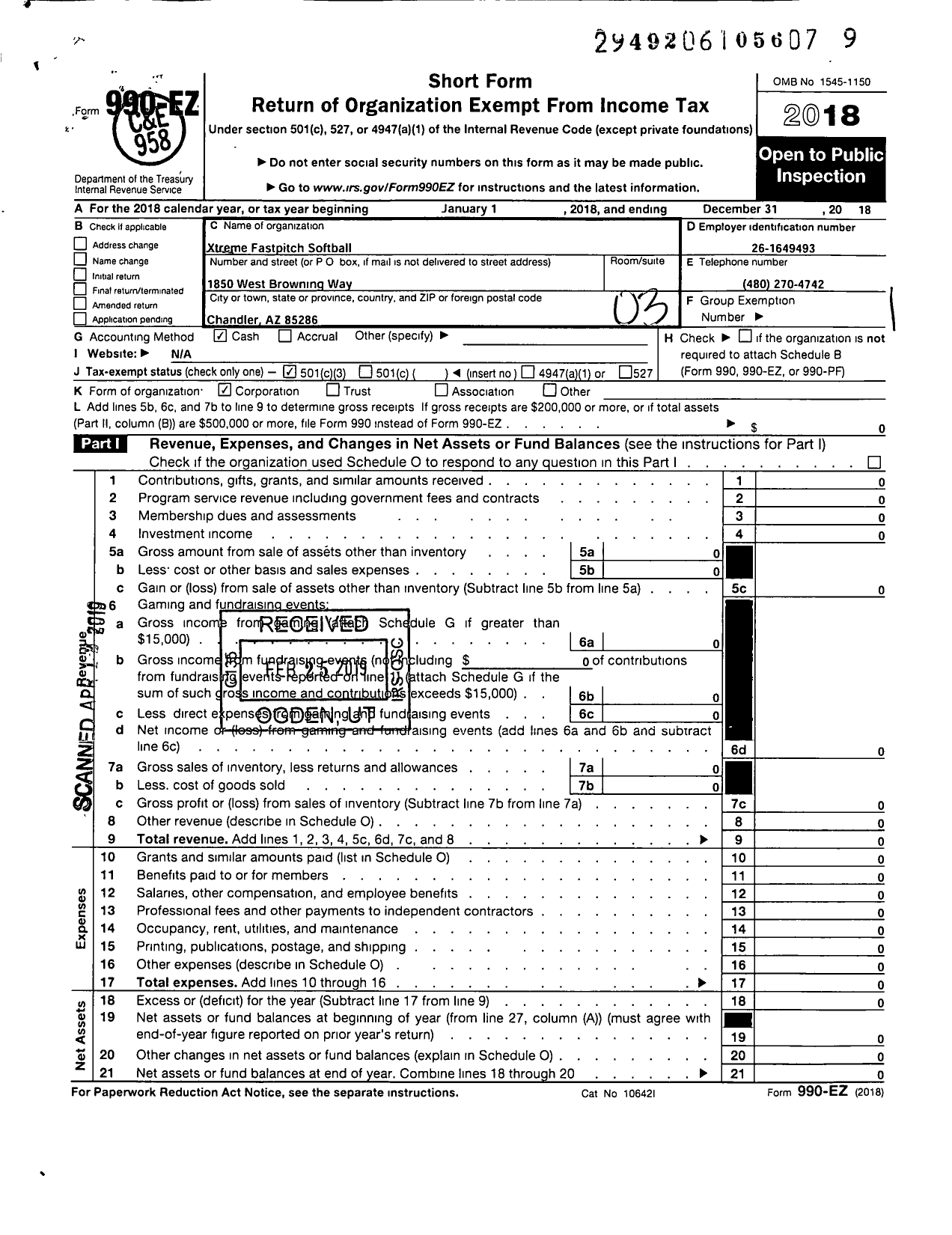 Image of first page of 2018 Form 990EZ for Xtreme Fastpitch Softball