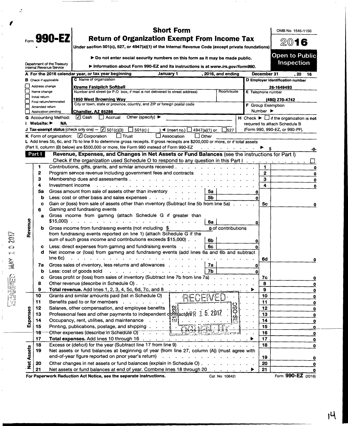 Image of first page of 2016 Form 990EZ for Xtreme Fastpitch Softball