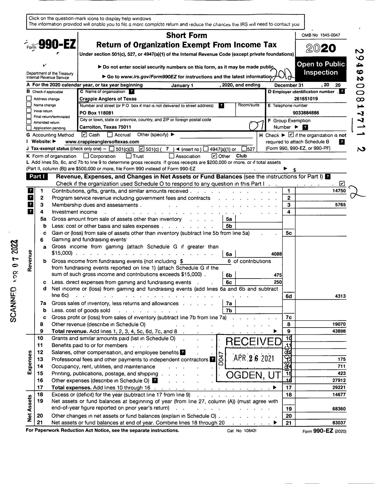 Image of first page of 2020 Form 990EO for Crappie Anglers of Texas