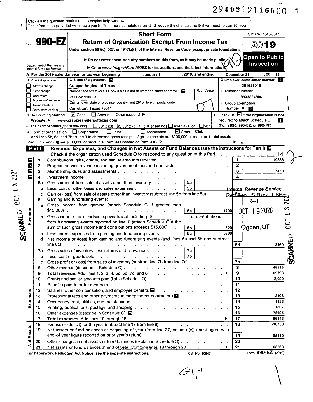 Image of first page of 2019 Form 990EO for Crappie Anglers of Texas