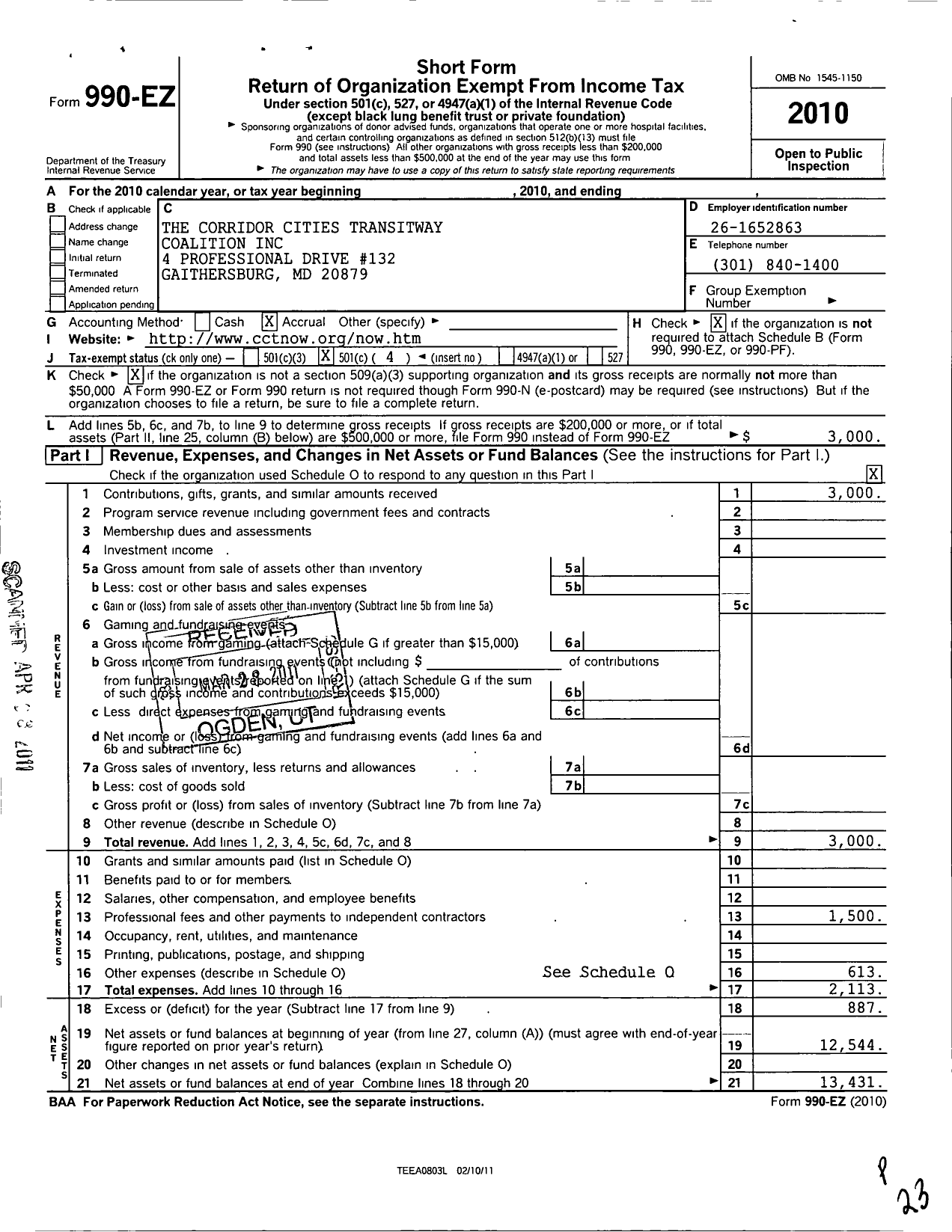 Image of first page of 2010 Form 990EO for Corridor Cities Transitway Coalition