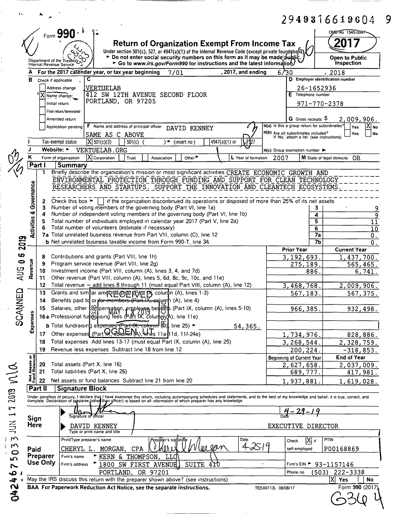 Image of first page of 2017 Form 990 for VertueLab