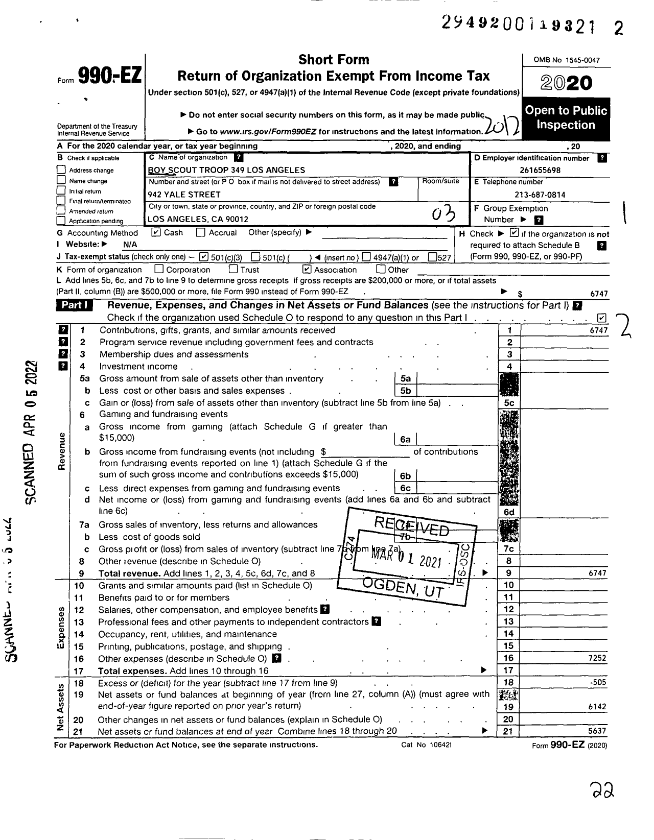 Image of first page of 2020 Form 990EZ for Boy Scout Troop 349 Los Angeles