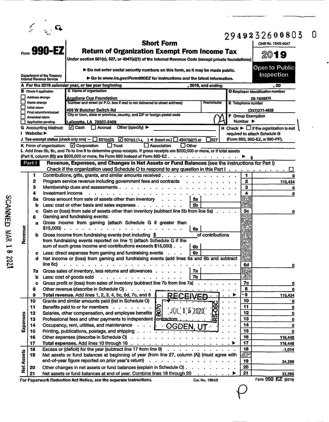 Image of first page of 2019 Form 990EO for Acadiana Cup Foundation