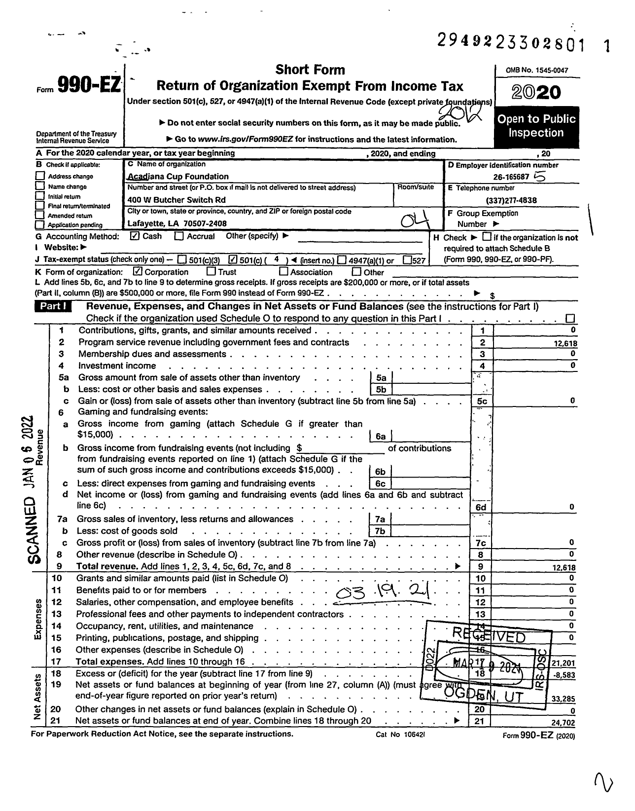 Image of first page of 2020 Form 990EO for Acadiana Cup Foundation