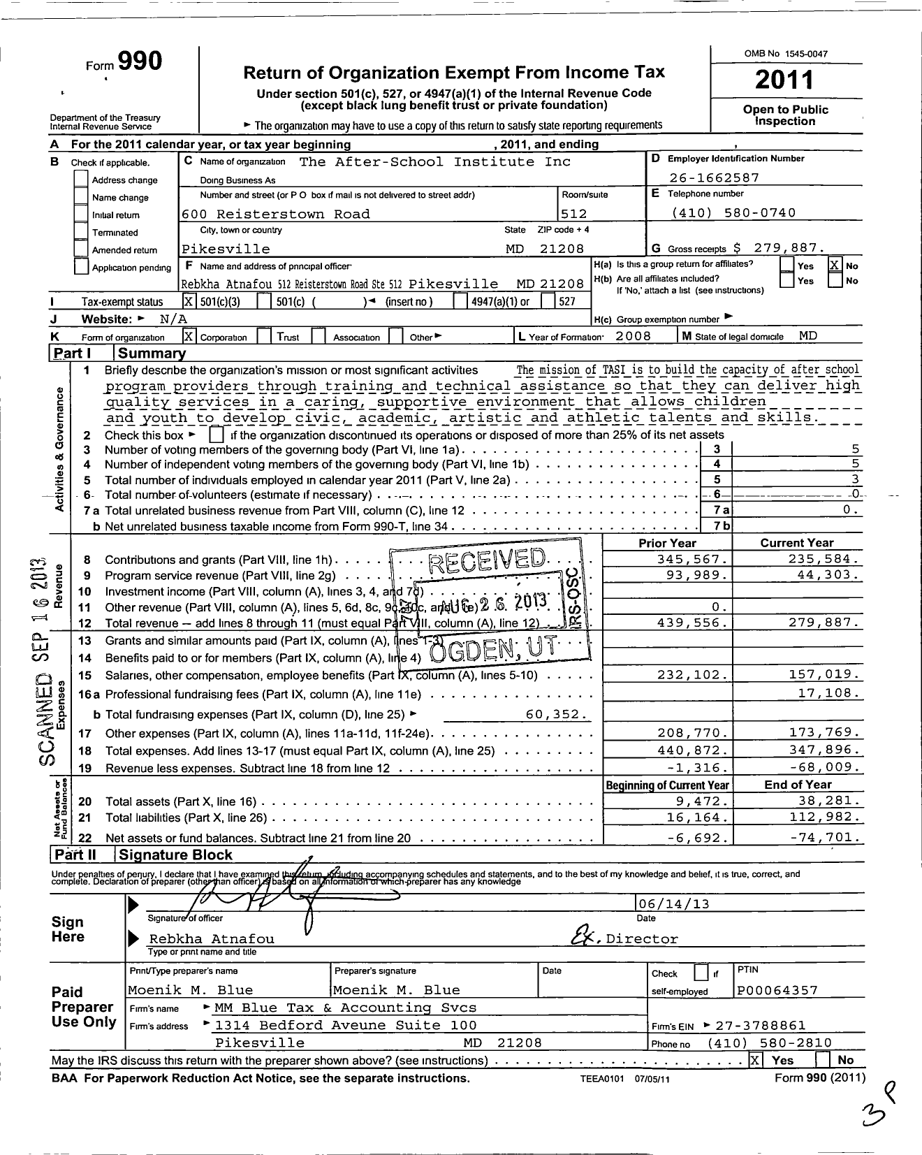 Image of first page of 2011 Form 990 for The After-School Institute