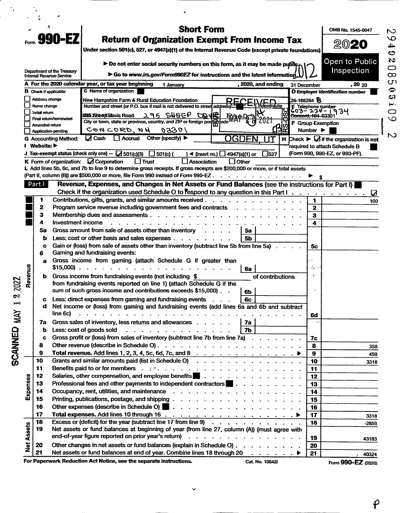 Image of first page of 2020 Form 990EZ for New Hampshire Farm and Rural Educational Foundation