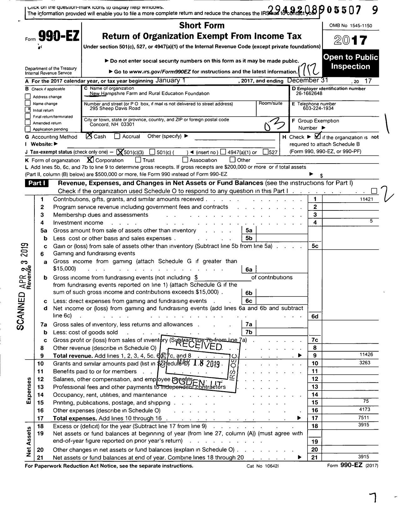 Image of first page of 2017 Form 990EZ for New Hampshire Farm and Rural Educational Foundation