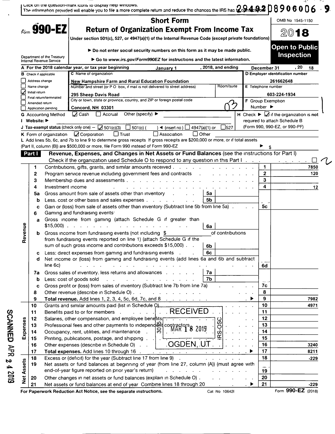 Image of first page of 2018 Form 990EZ for New Hampshire Farm and Rural Educational Foundation