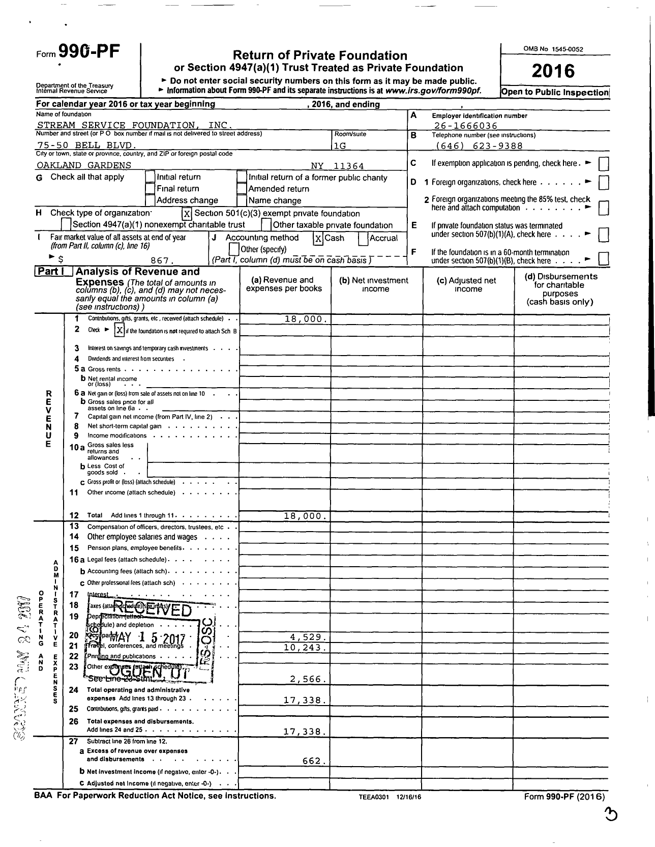 Image of first page of 2016 Form 990PF for Stream Service Foundation