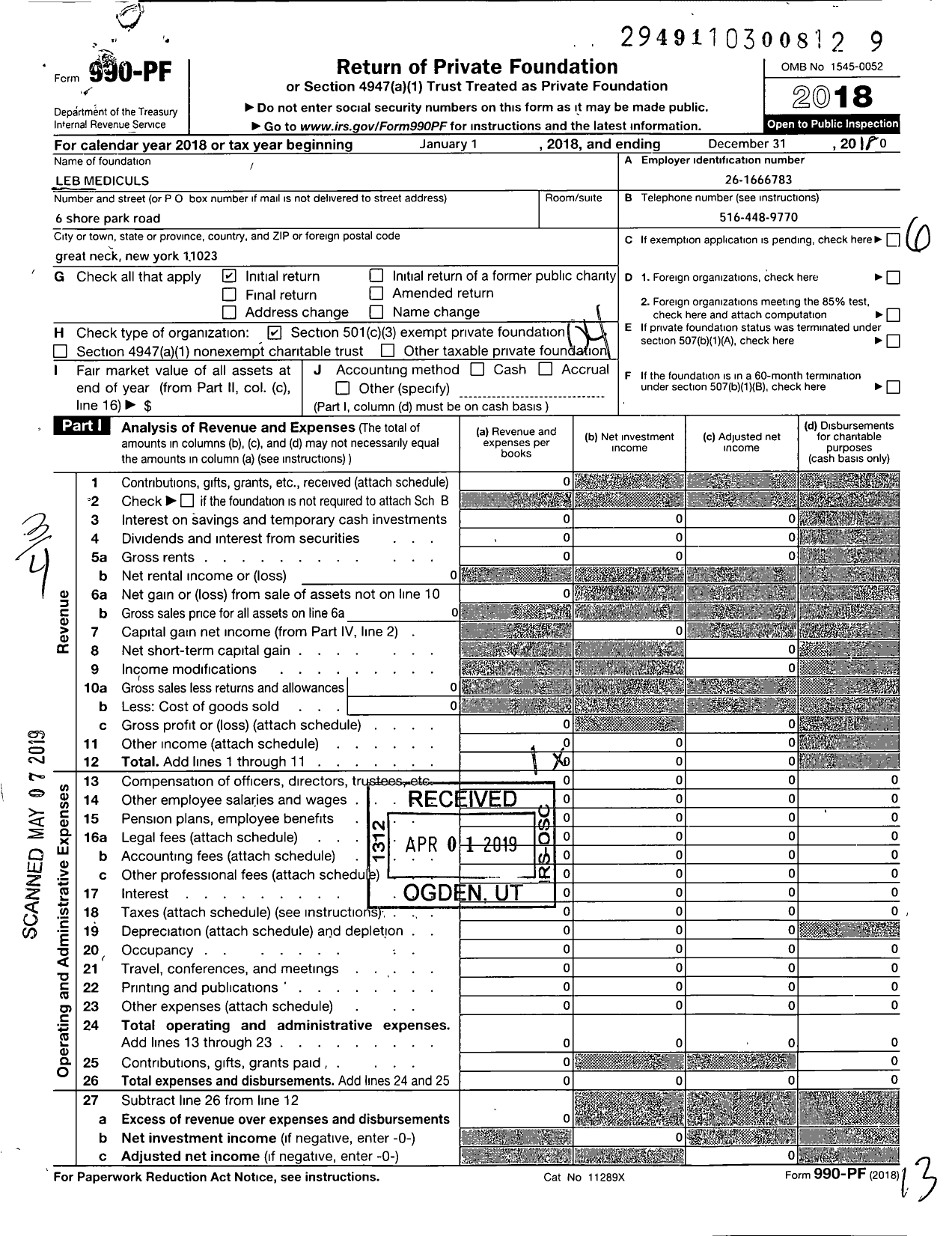 Image of first page of 2018 Form 990PF for Leb Mediculs