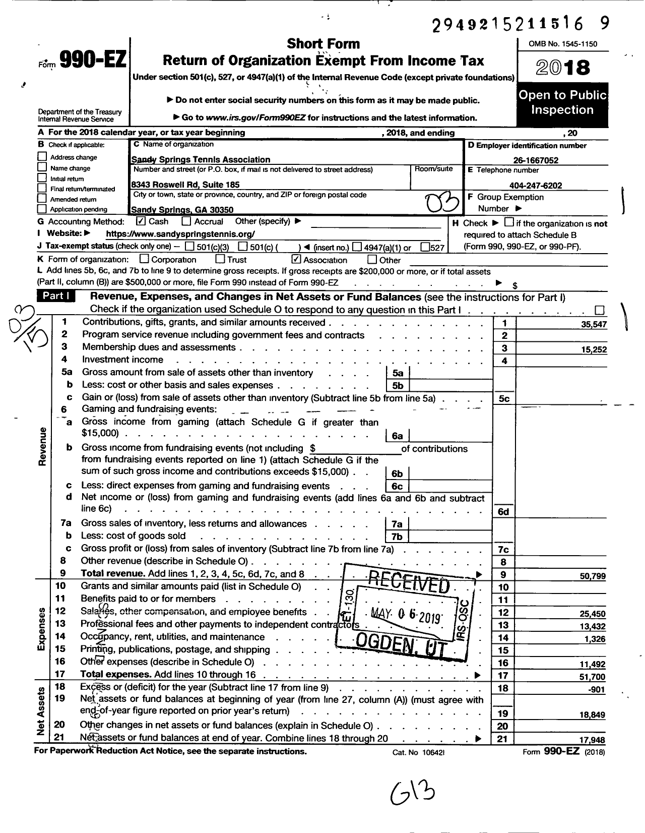 Image of first page of 2018 Form 990EZ for Sandy Springs Tennis Association