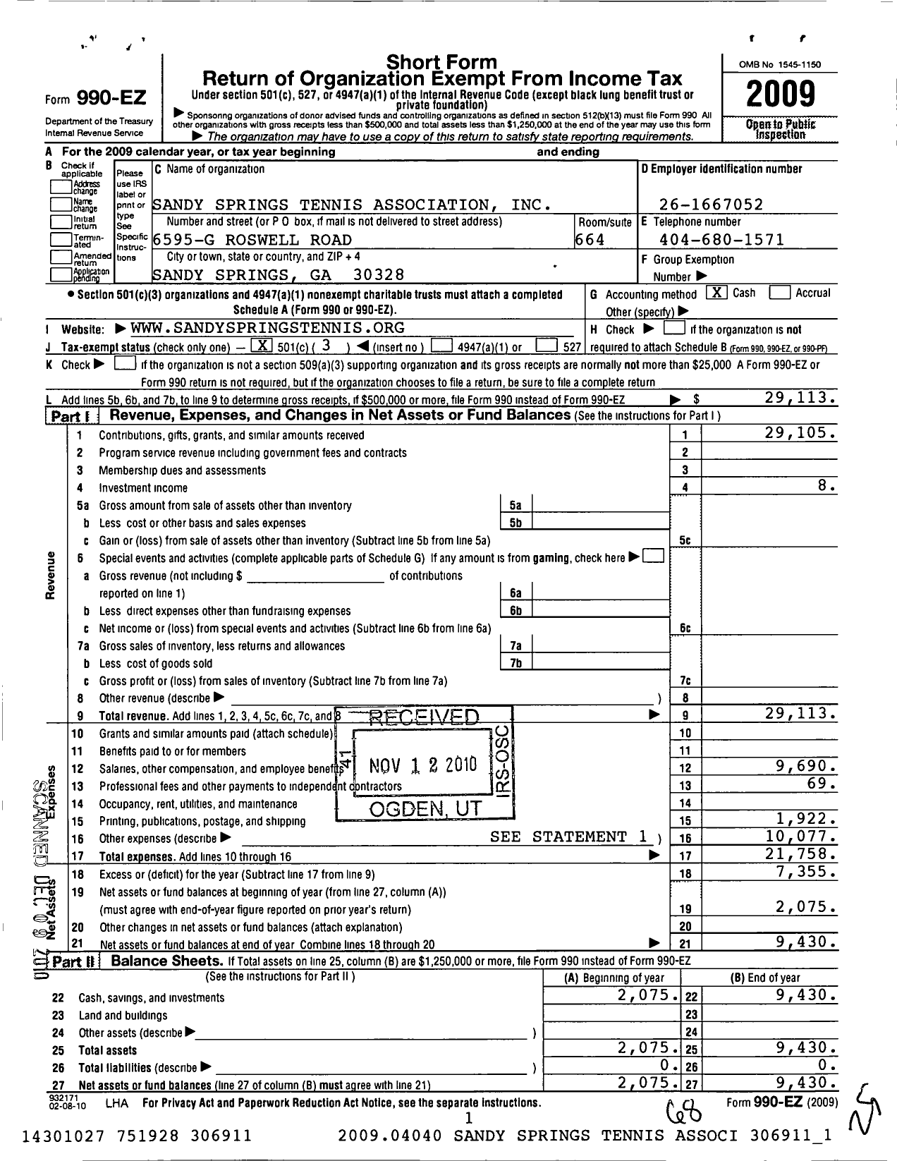 Image of first page of 2009 Form 990EZ for Sandy Springs Tennis Association