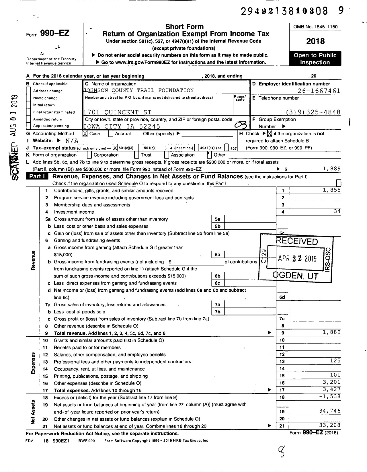 Image of first page of 2018 Form 990EZ for Johnson County Trail Foundation