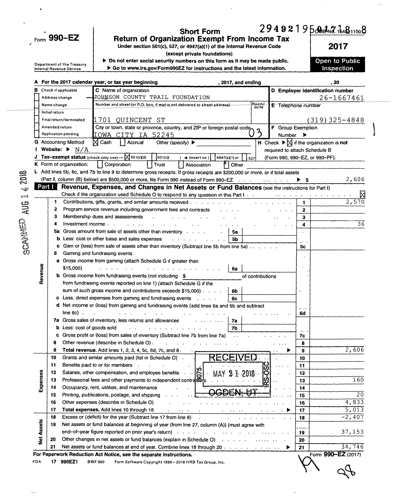 Image of first page of 2017 Form 990EZ for Johnson County Trail Foundation