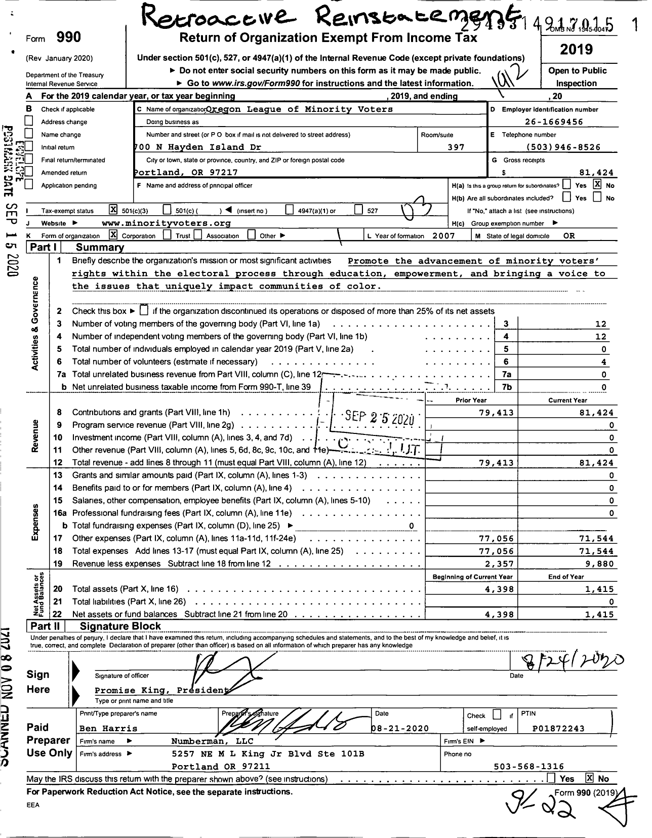 Image of first page of 2019 Form 990 for League of Minority Voters