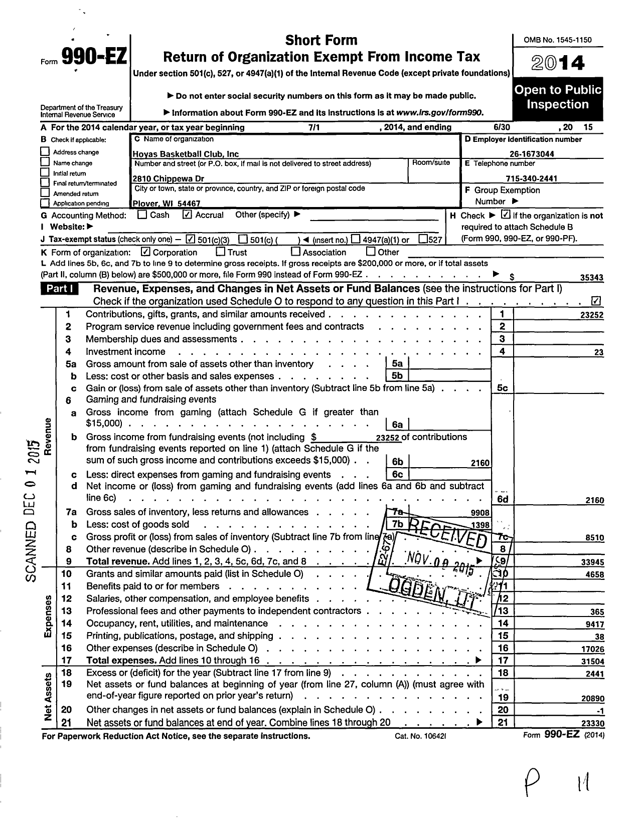 Image of first page of 2014 Form 990EZ for Hoyas Basketball Club