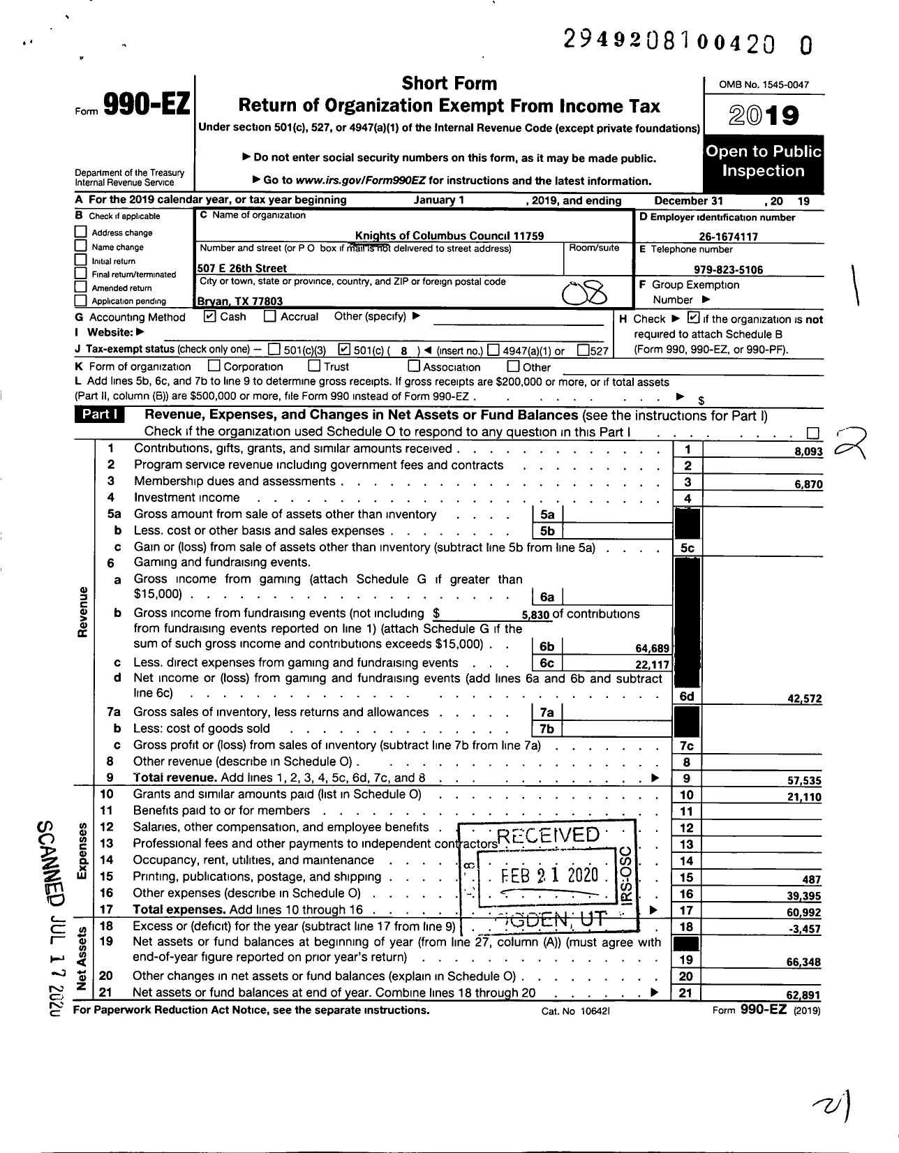 Image of first page of 2019 Form 990EO for KNIGHTS OF COLUMBUS - 11759 St Joseph Parish Council