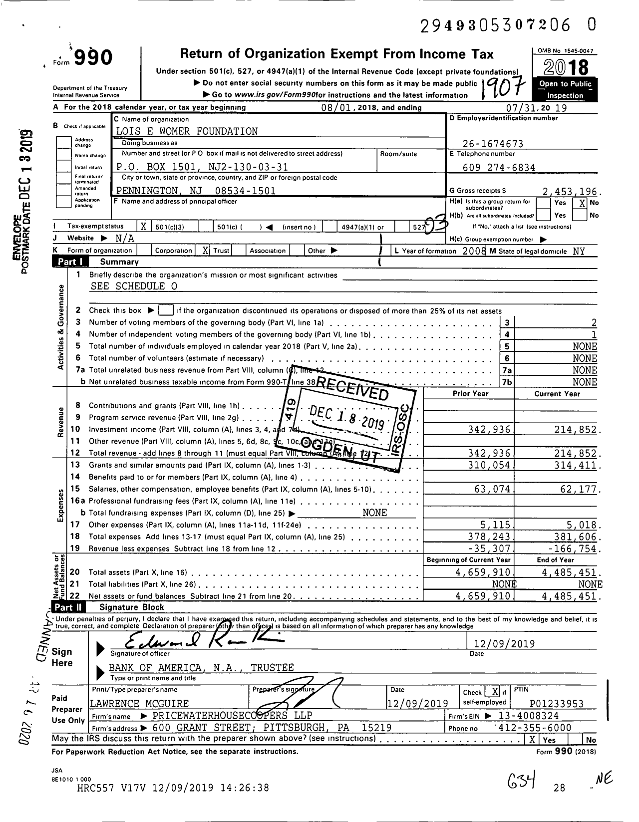 Image of first page of 2018 Form 990 for Lois E Womer Foundation