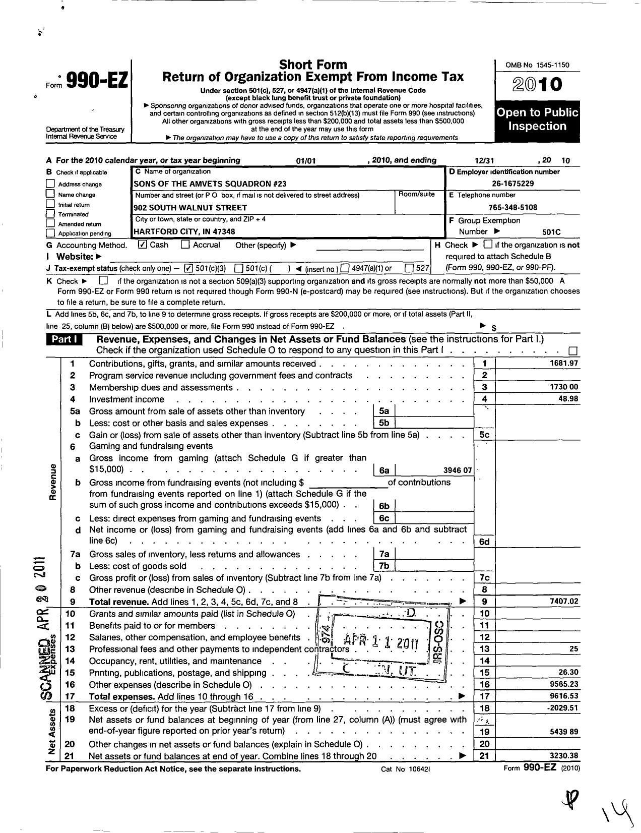 Image of first page of 2010 Form 990EZ for Amvets - In 23