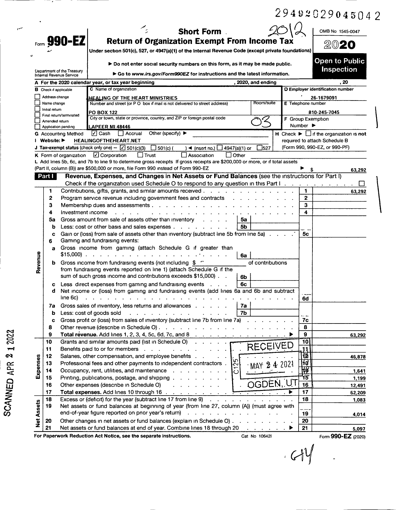 Image of first page of 2020 Form 990EZ for Healing of the Heart Ministries