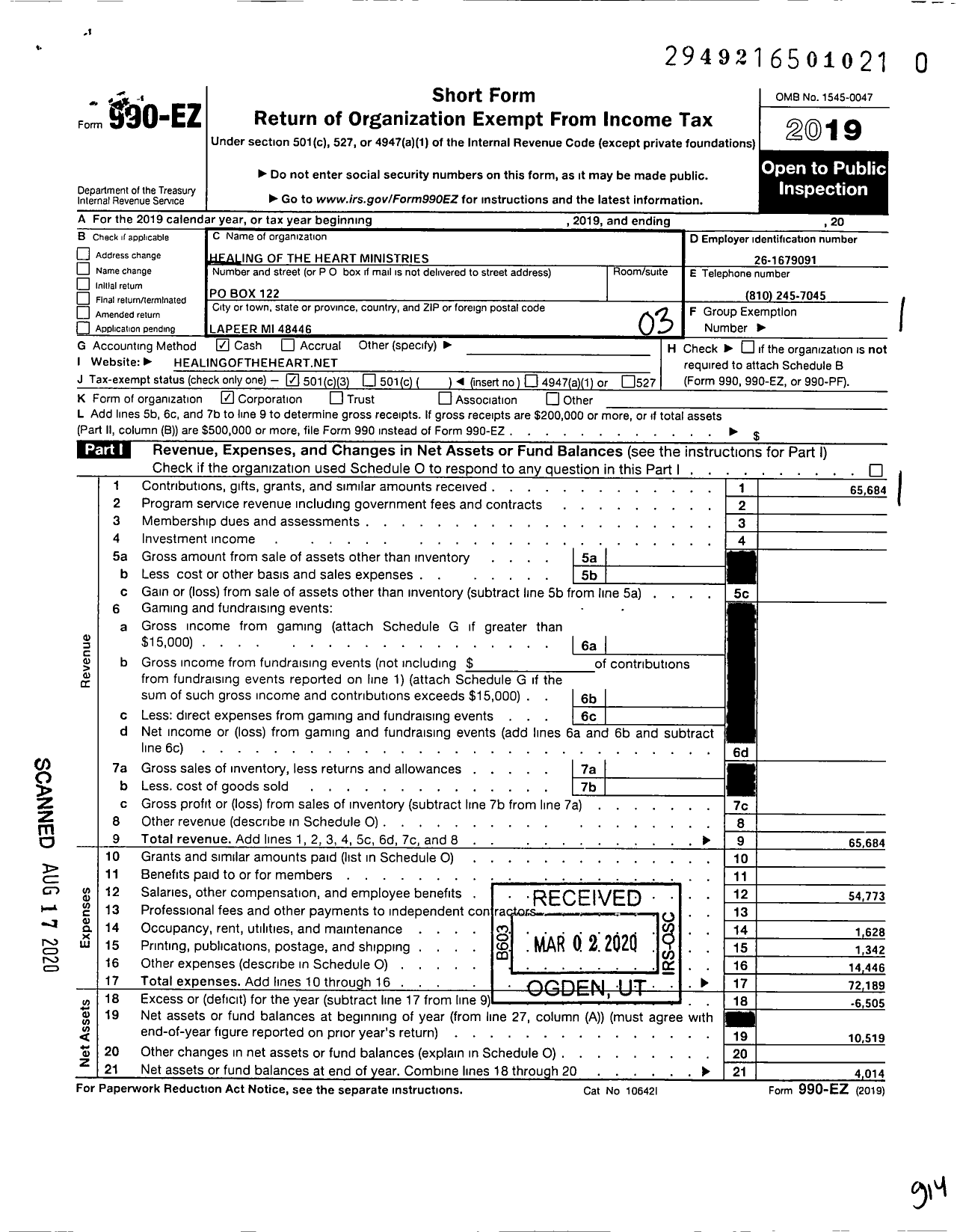 Image of first page of 2019 Form 990EZ for Healing of the Heart Ministries