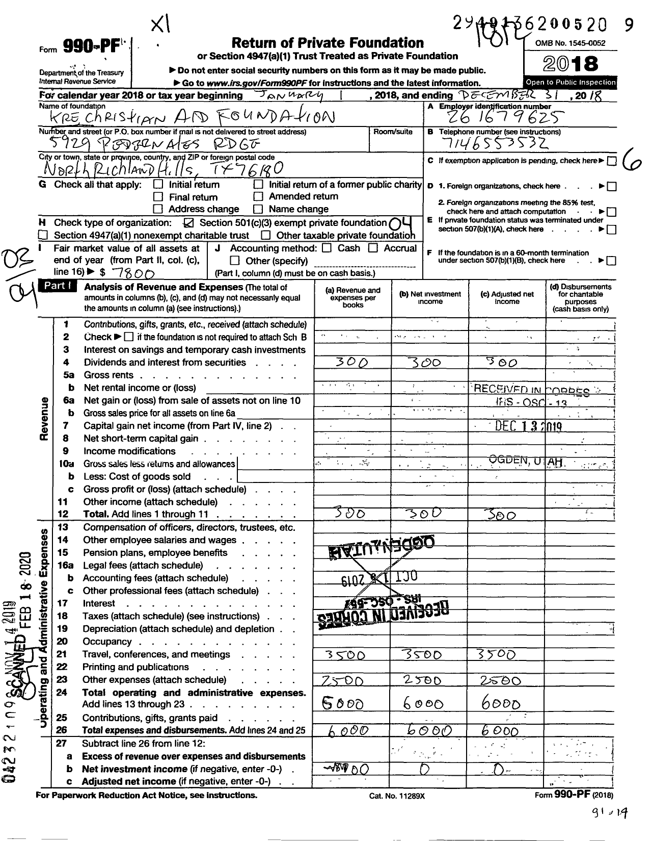 Image of first page of 2018 Form 990PF for KRE Christian Aid Foundation