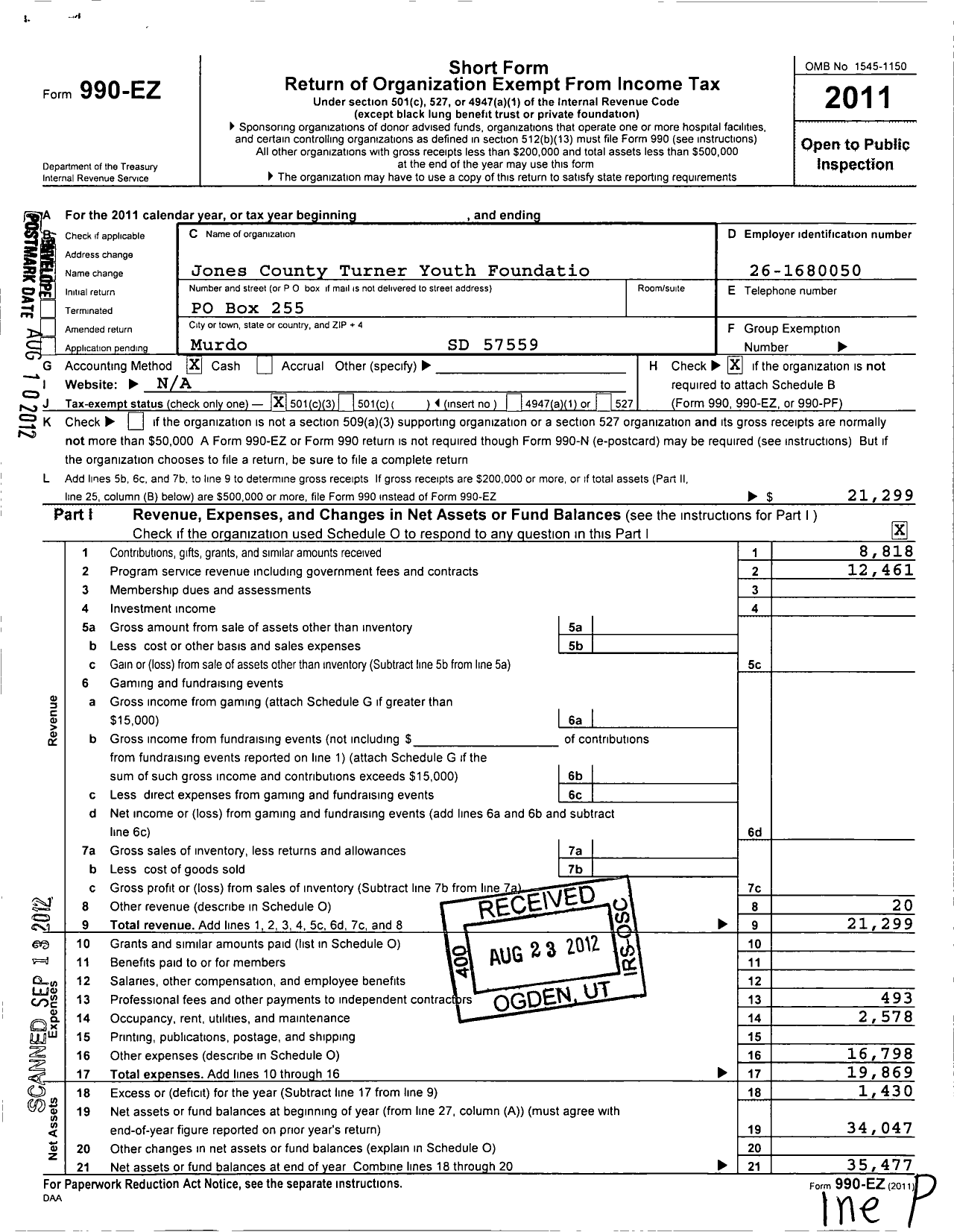 Image of first page of 2011 Form 990EZ for Jones County Turner Youth Foundation