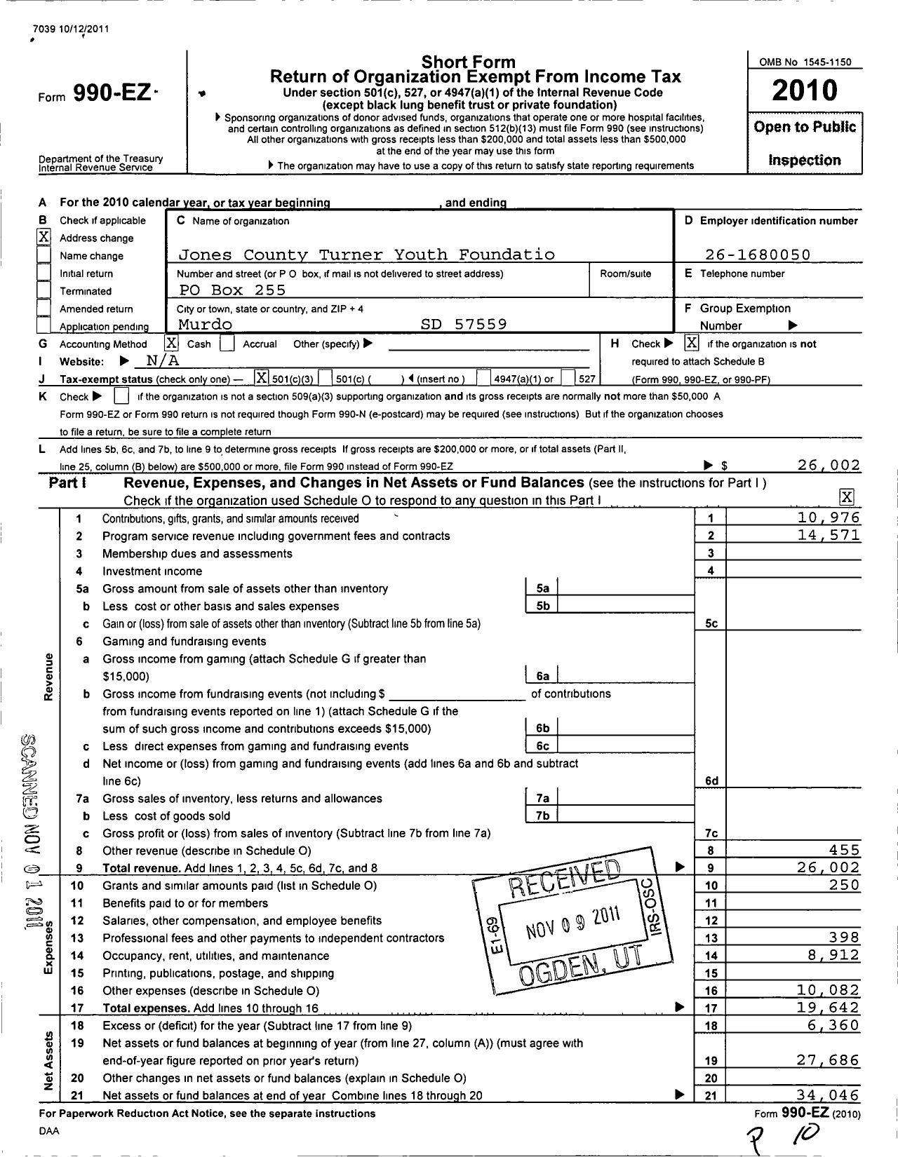 Image of first page of 2010 Form 990EZ for Jones County Turner Youth Foundation