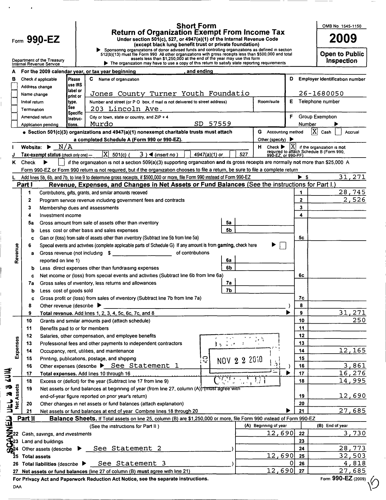 Image of first page of 2009 Form 990EZ for Jones County Turner Youth Foundation