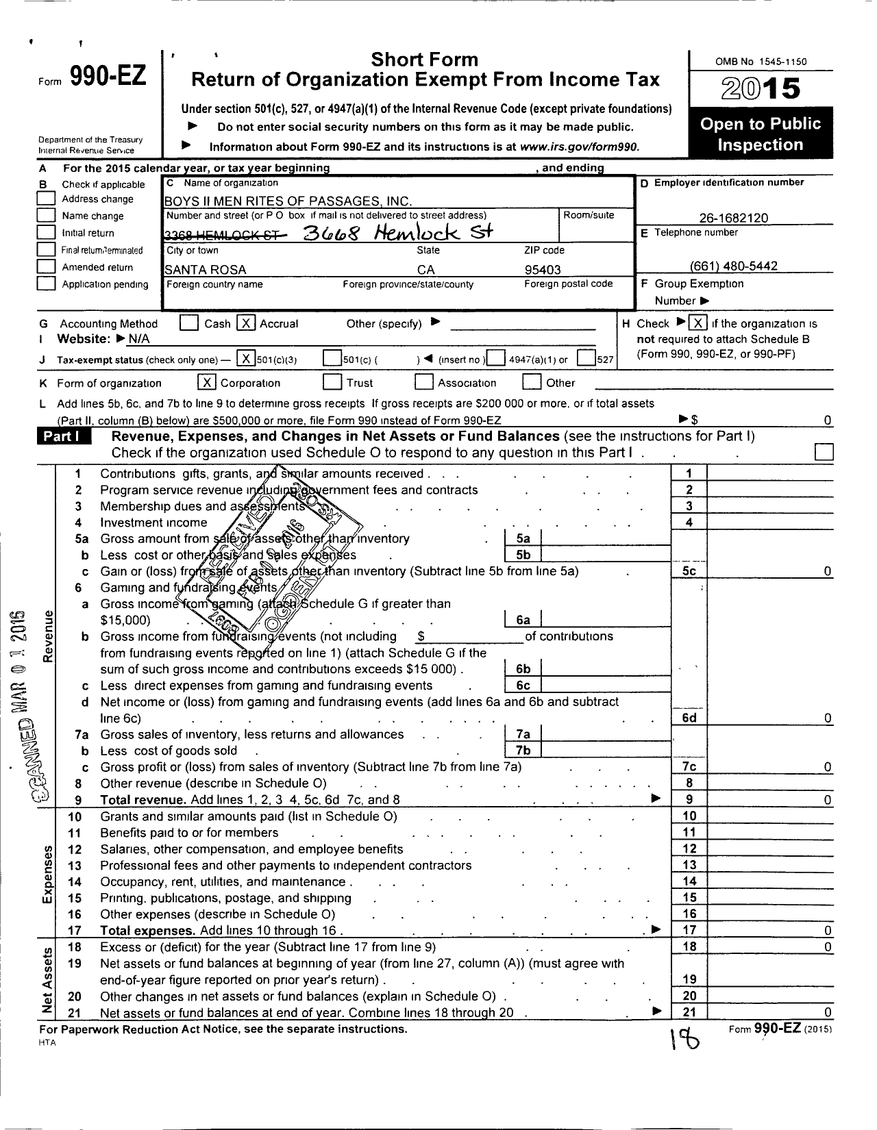 Image of first page of 2015 Form 990EZ for Boys II Men Rites of Passages