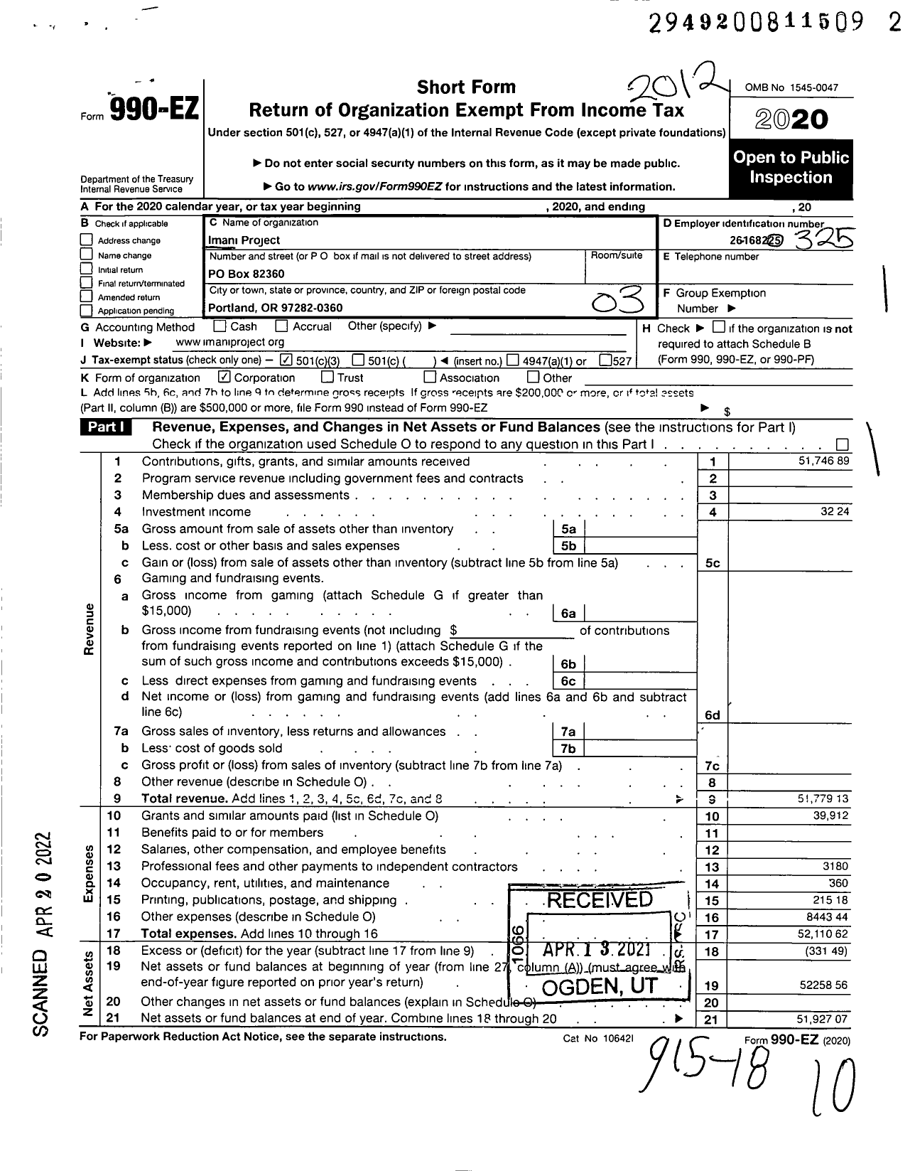 Image of first page of 2020 Form 990EZ for Imani Project