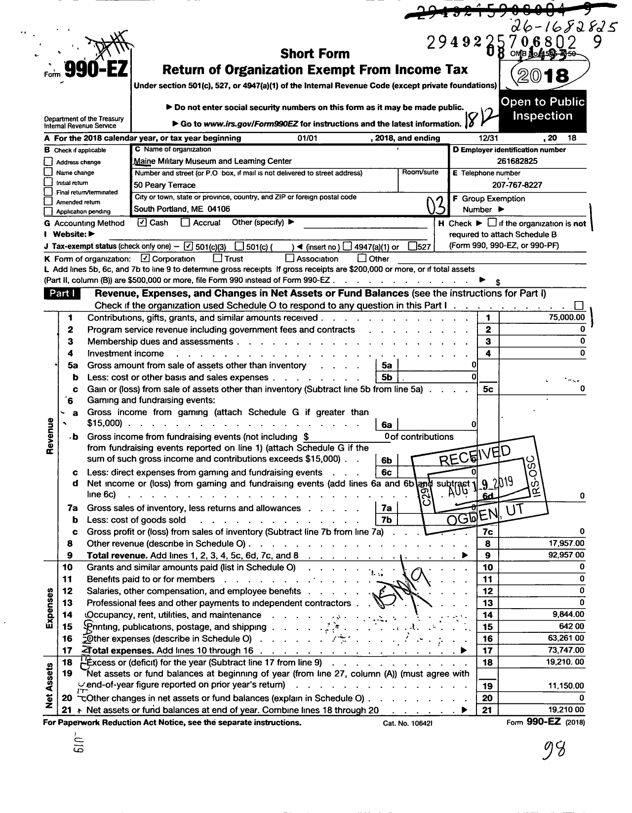 Image of first page of 2018 Form 990EZ for Maine Military Museum and Learning Center