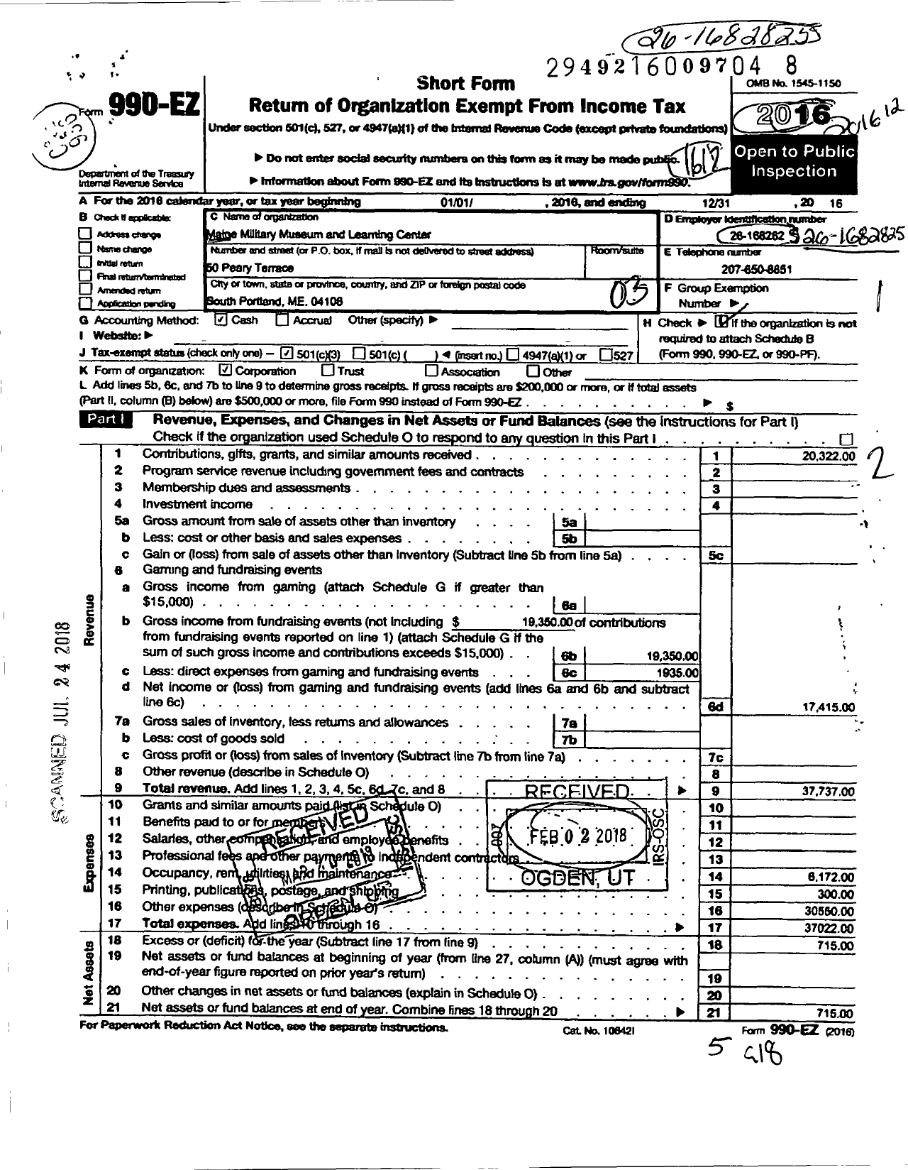 Image of first page of 2016 Form 990EZ for Maine Military Museum and Learning Center