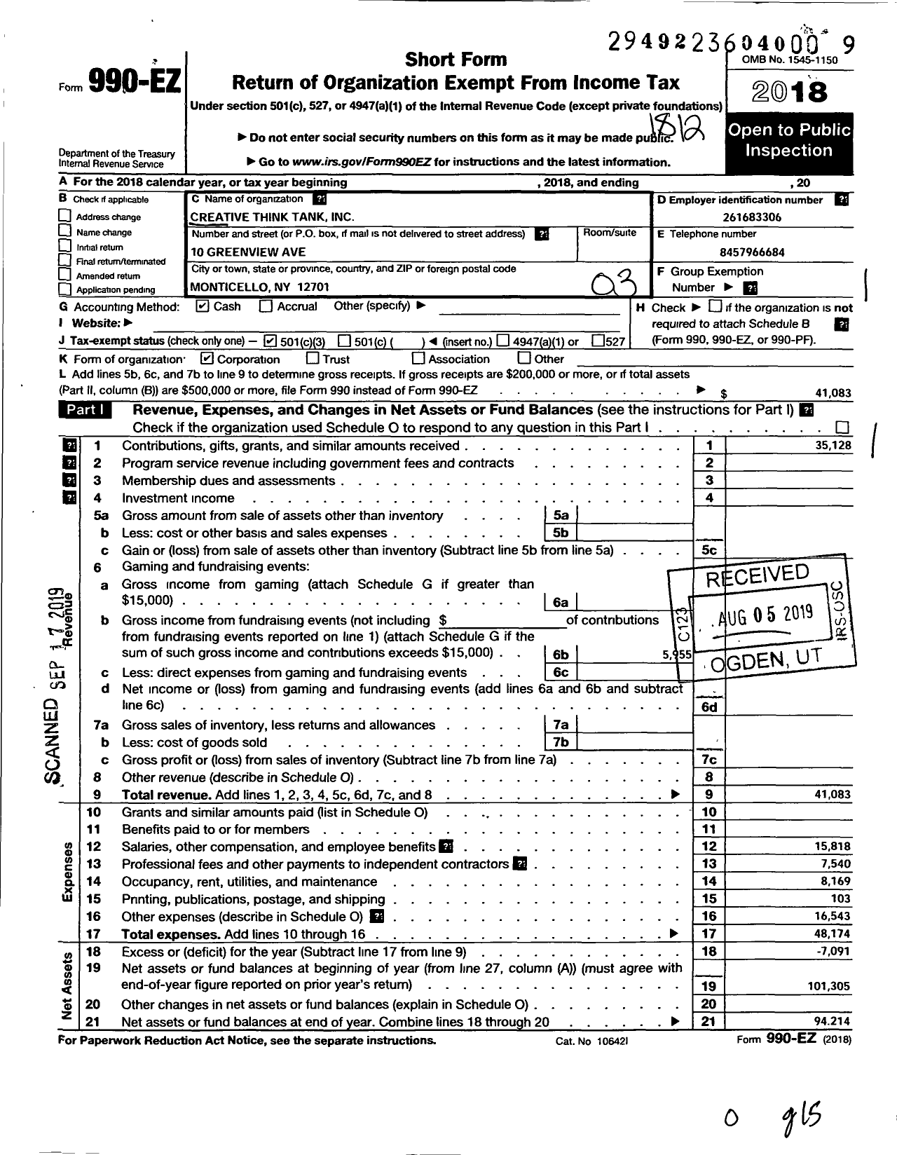 Image of first page of 2018 Form 990EZ for Creative Think Tank