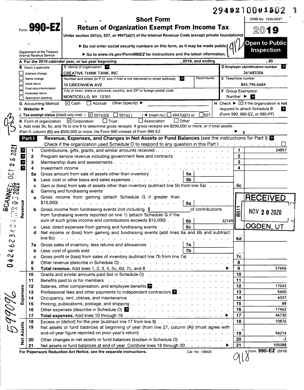 Image of first page of 2019 Form 990EZ for Creative Think Tank