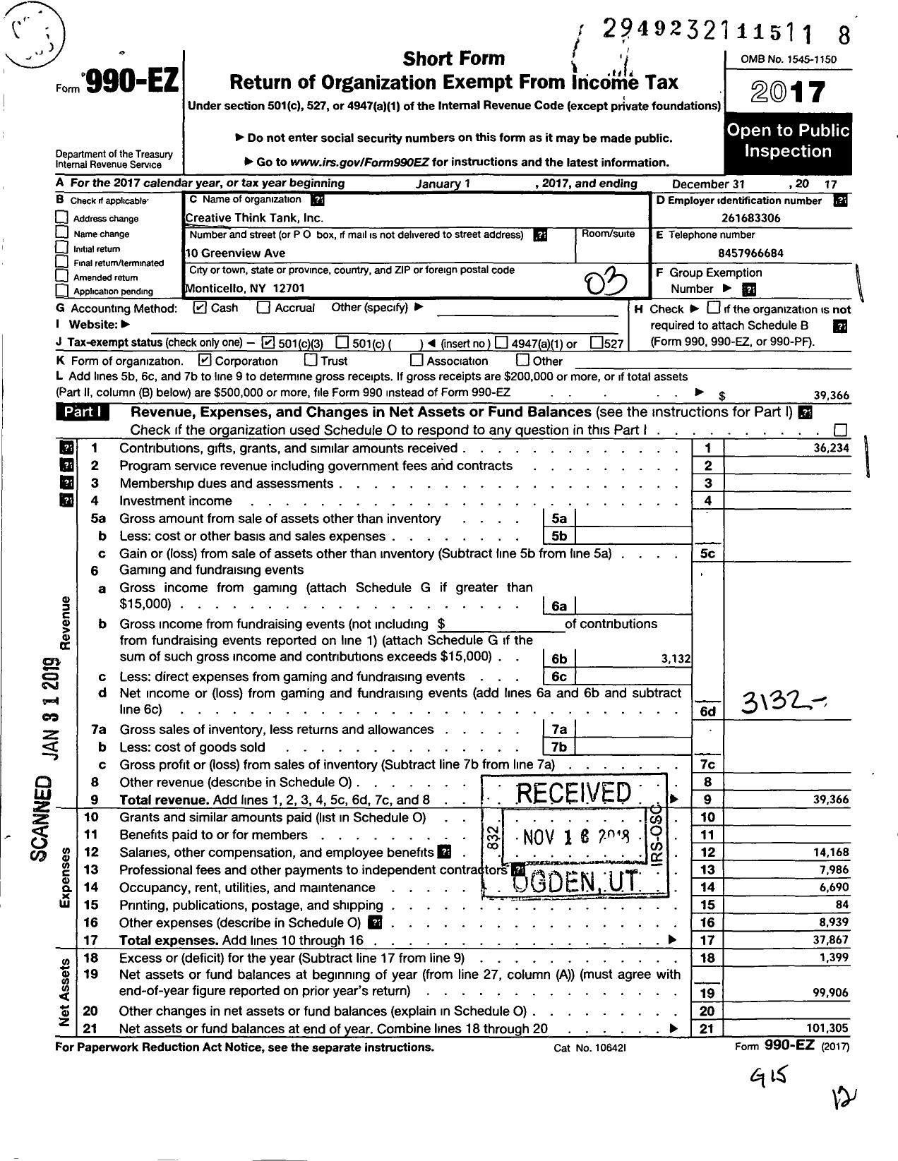 Image of first page of 2017 Form 990EZ for Creative Think Tank