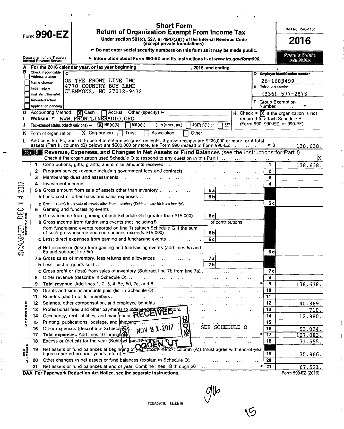 Image of first page of 2016 Form 990EZ for On The Front Line