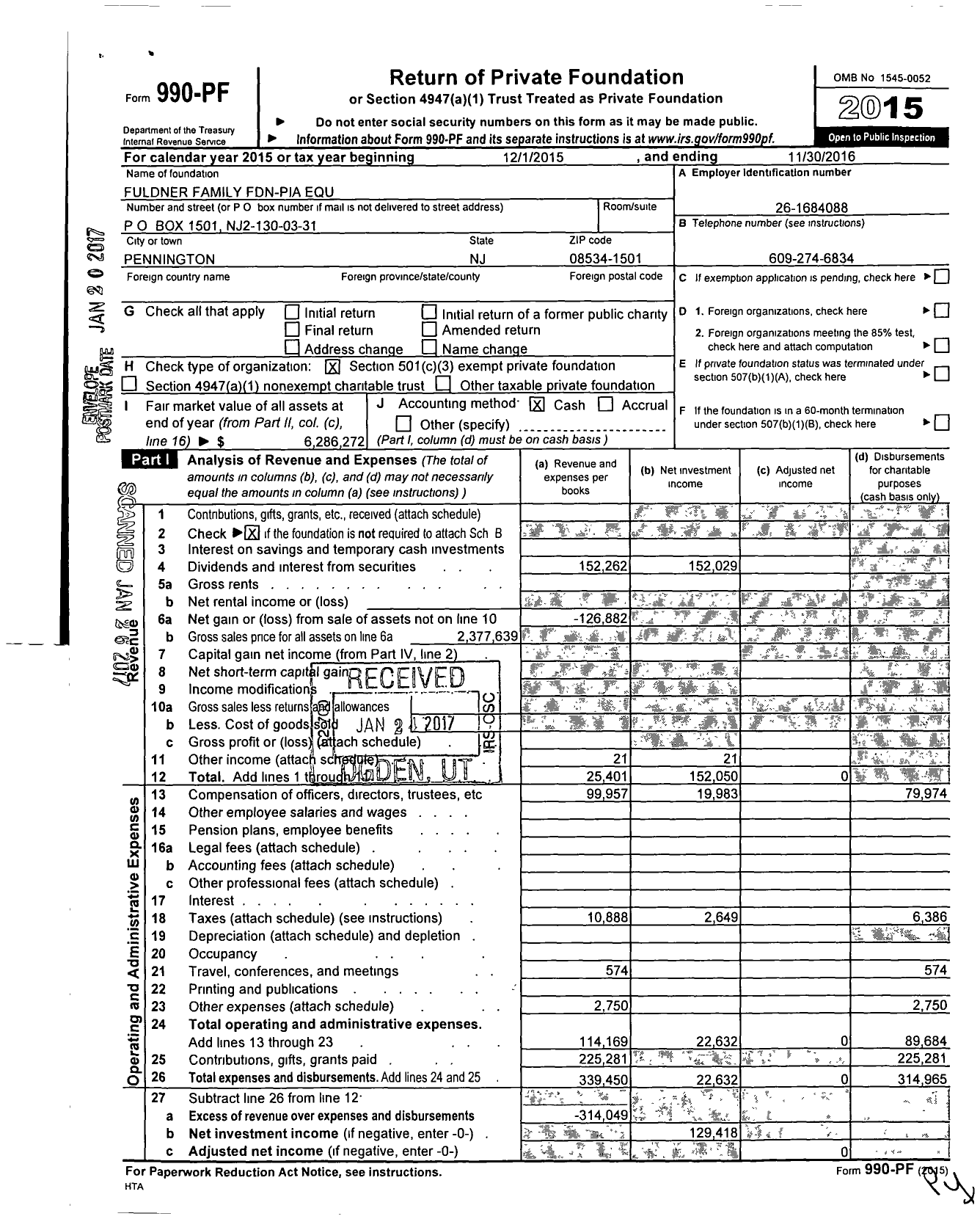 Image of first page of 2015 Form 990PF for Fuldner Family Fdn-Pia Equ