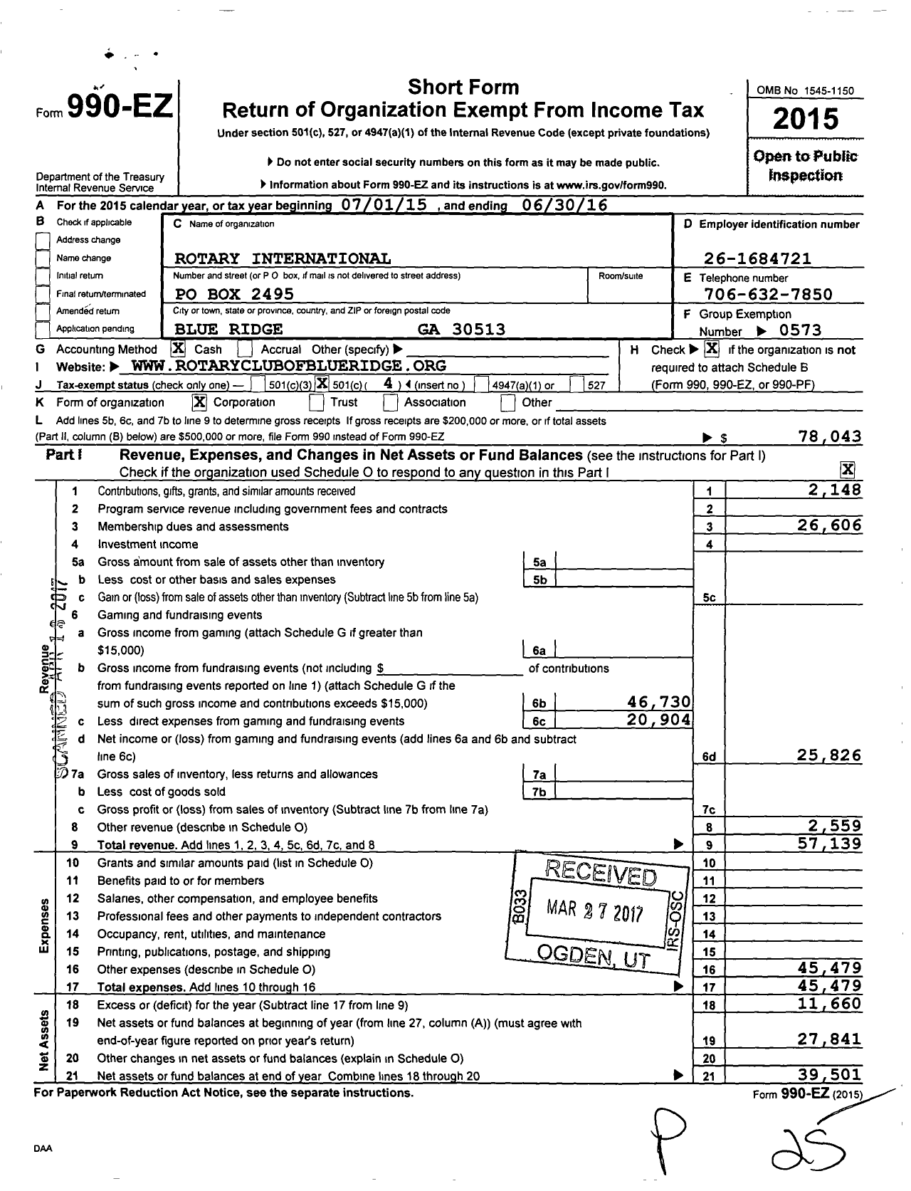 Image of first page of 2015 Form 990EO for Rotary International