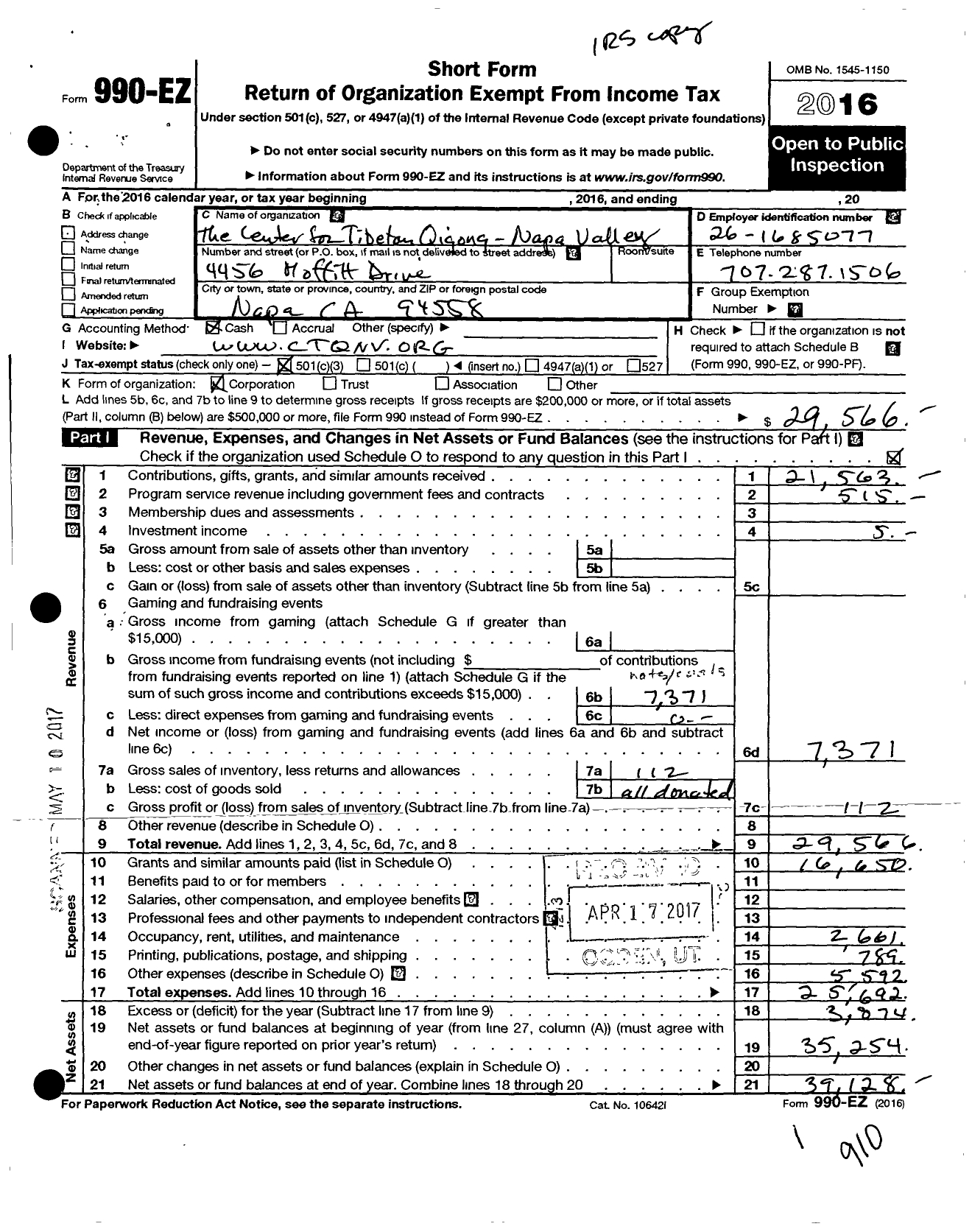 Image of first page of 2016 Form 990EZ for The Center for Tibetan Qigong